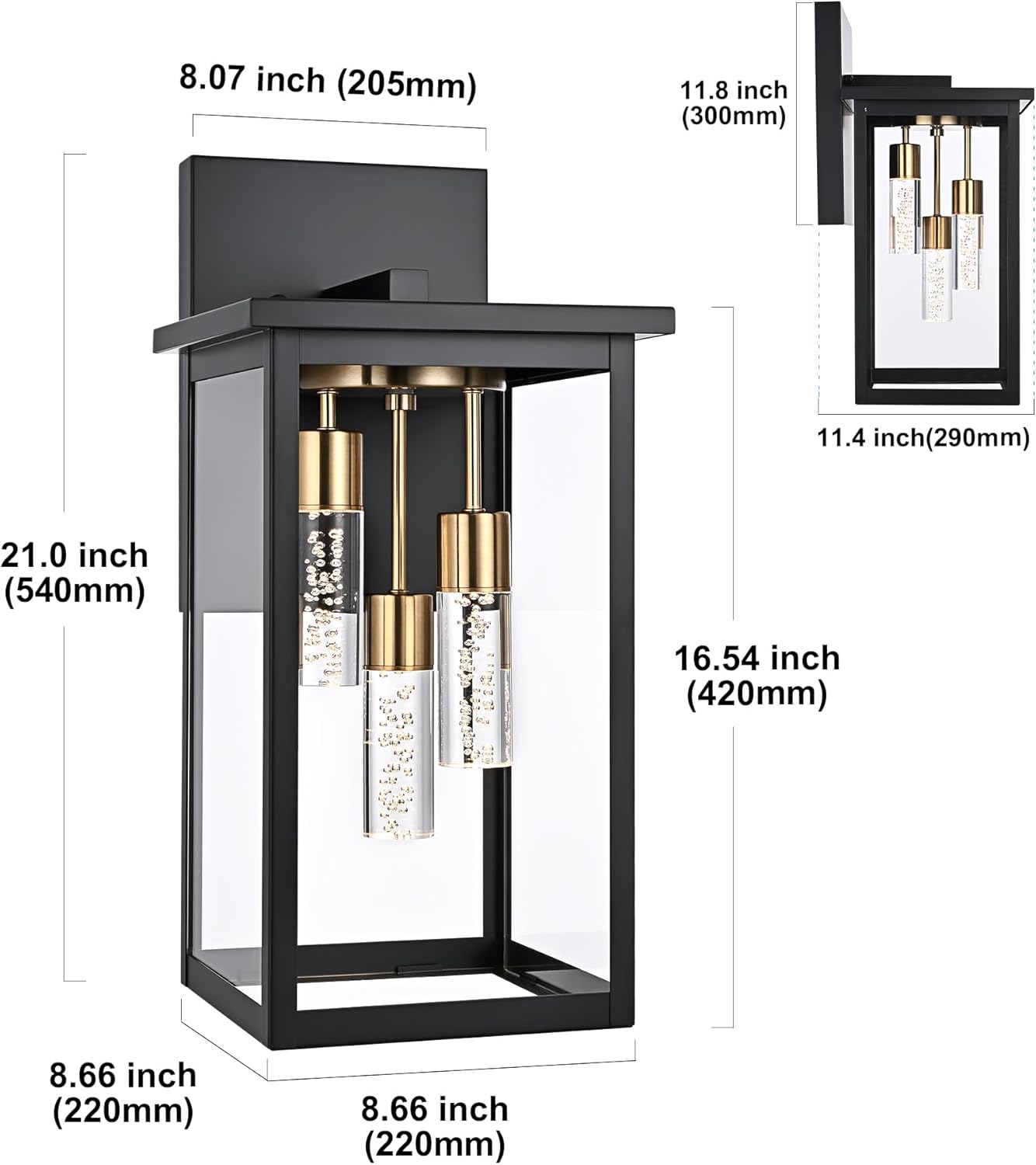 MELUCEE 16.5 Inch Large Outdoor Wall Light, 5 Color Dimmable Waterproof Patio Lanterns, 3-Light LED Exterior Wall Mount Lantern Sconce with Crystal Bubble Column, Black Wall Sconces for House Garage