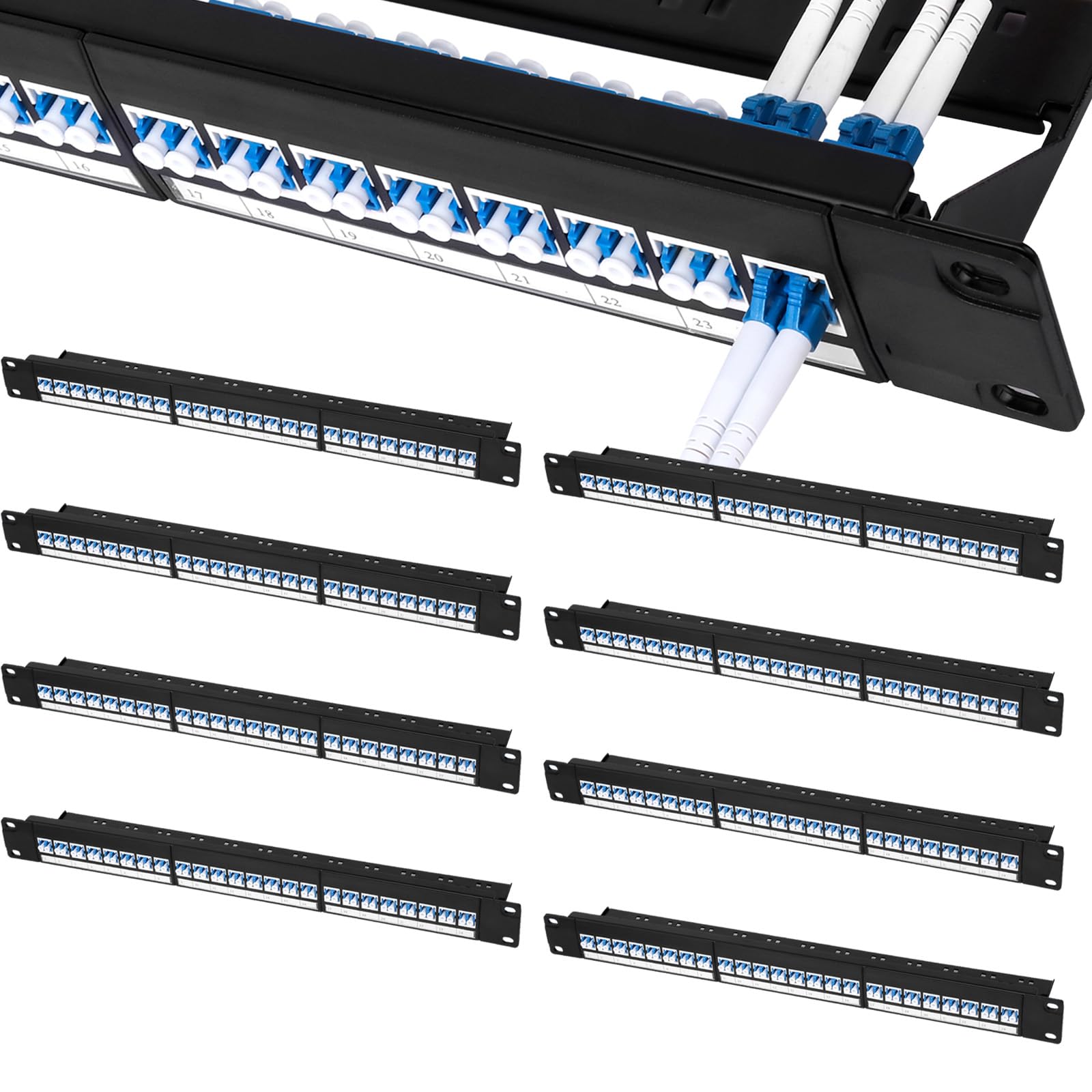 Lot de 8 panneaux de brassage LCUPC en fibre, 48 ports 1U 48,3 cm, chargés avec 24 adaptateurs à fibre optique duplex monomode LC UPC