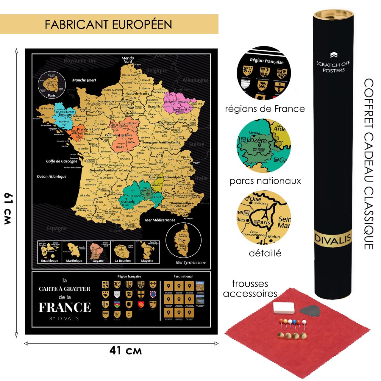 Divalis Carte à Gratter de la France avec Kit d'Accessoires - Poster à Gratter avec Départements - Carte de Voyage de la France - Scratch off Map - Scratchable Poster