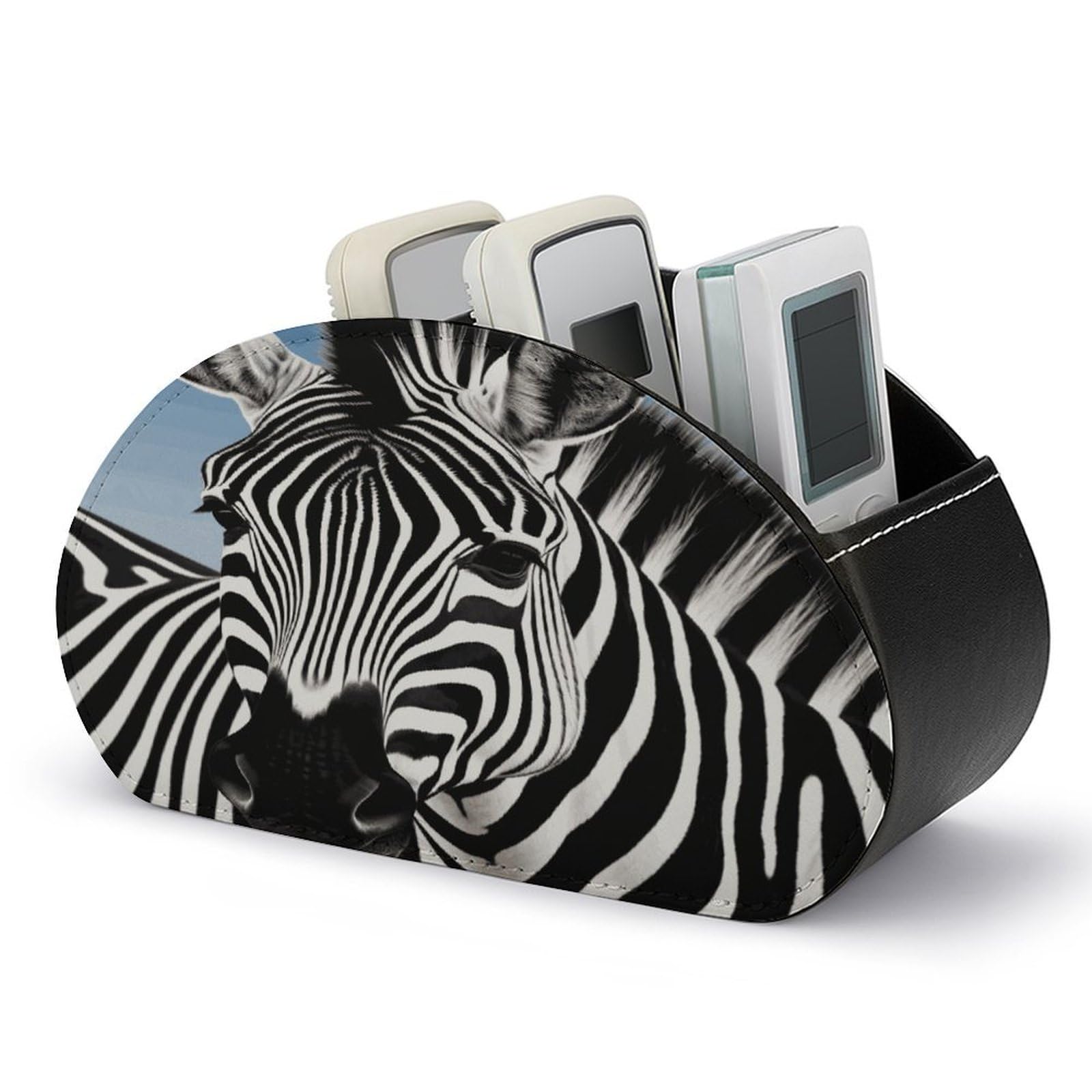 FekiLoot Zebra Remote Control Holder with 5 Compartments Multi-functional TV Remote Caddy Organizer Leather TV Remote Holder Desktop Organizer Store for Bedside Table Office Desk