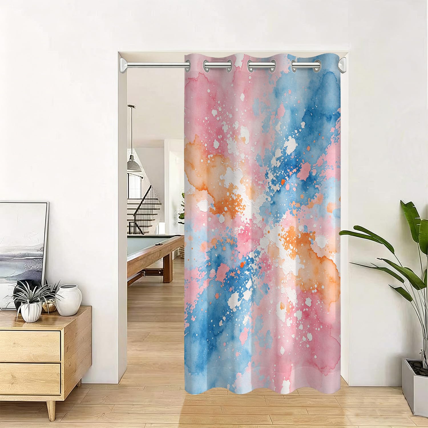 Rideau de porte occultant 86x203cm motif aquarelle abstrait rose et bleu avec oeillets D1632