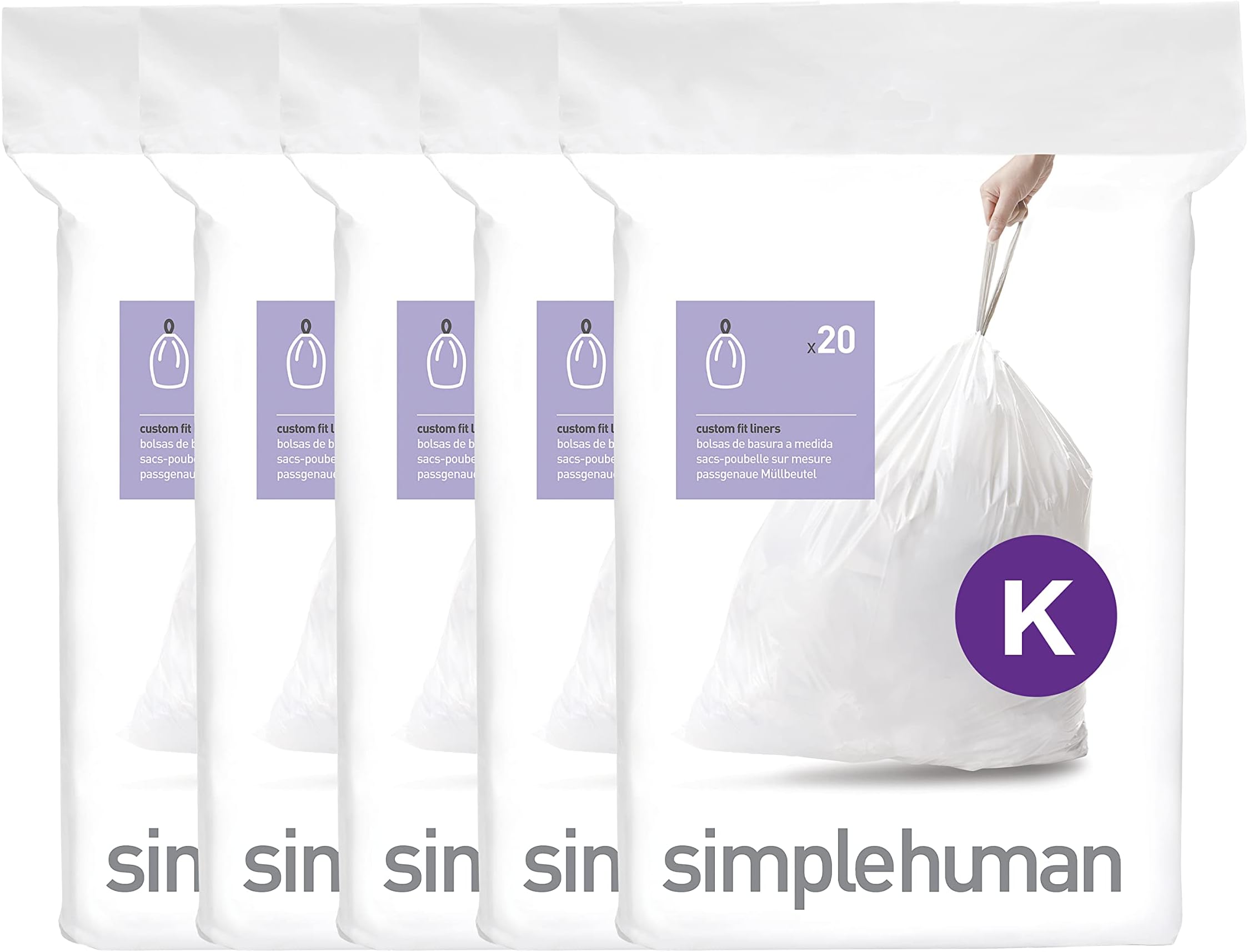 simplehuman Code K 100 Liners, 50% Recycled Custom Fit Bin Bags in Dispenser Packs with Durable Drawstring Tie Handle, 35-45L, White