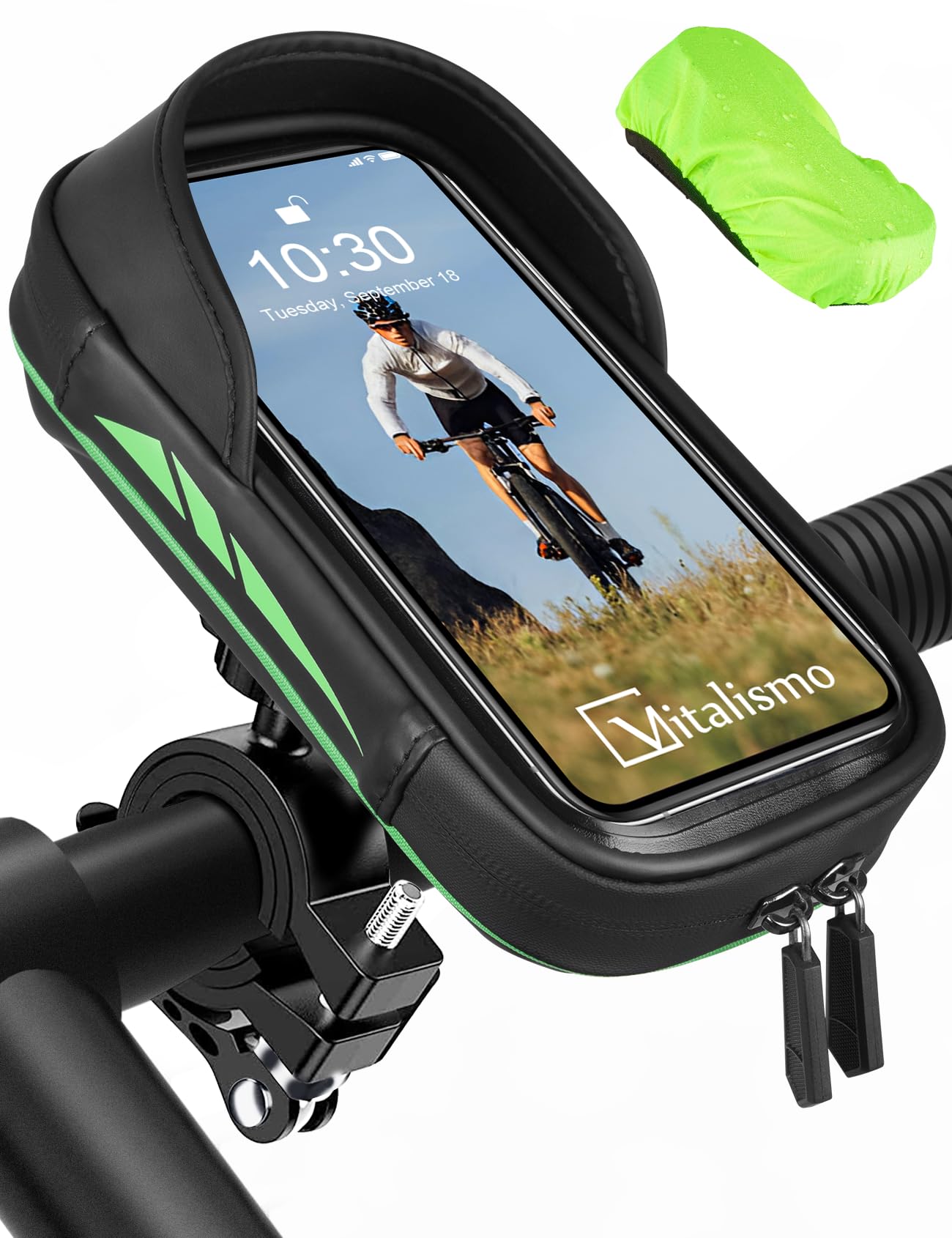 Vitalismo Torba na kierownicę rowerową, uchwyt na telefon z osłoną przeciwdeszczową, miejsce do przechowywania, obrót 360, rower górski