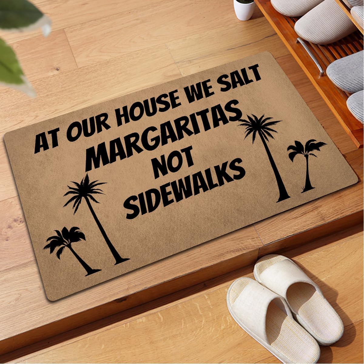 Funny Welcome Doormat For Entrance Way Indoor Front Porch Rugs At Our House We Salt Margaritas Not Sidewalks with Palm Trees Funny Home Decor Mat Anti-Slip Novelty Prank Gift Mats 23.7"(L) x 15.9"(W)