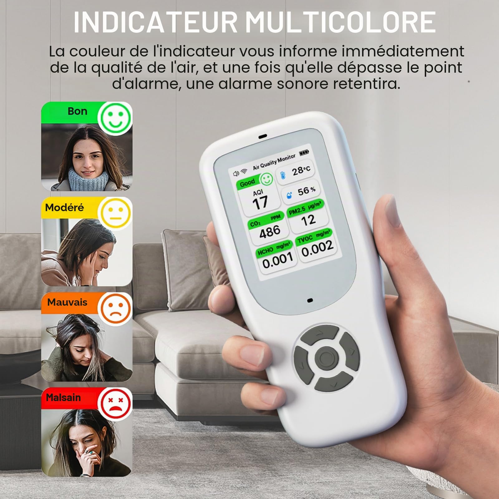 10 en 1 Appareils Mesurant Qualité Air Intérieur, WiFi Détecteur de AQI, CO2, PM1.0, PM2.5, PM10, HCHO, TVOC, Température et Humidité, Moniteur de Pollution détecteur co2 connectivité avec APP