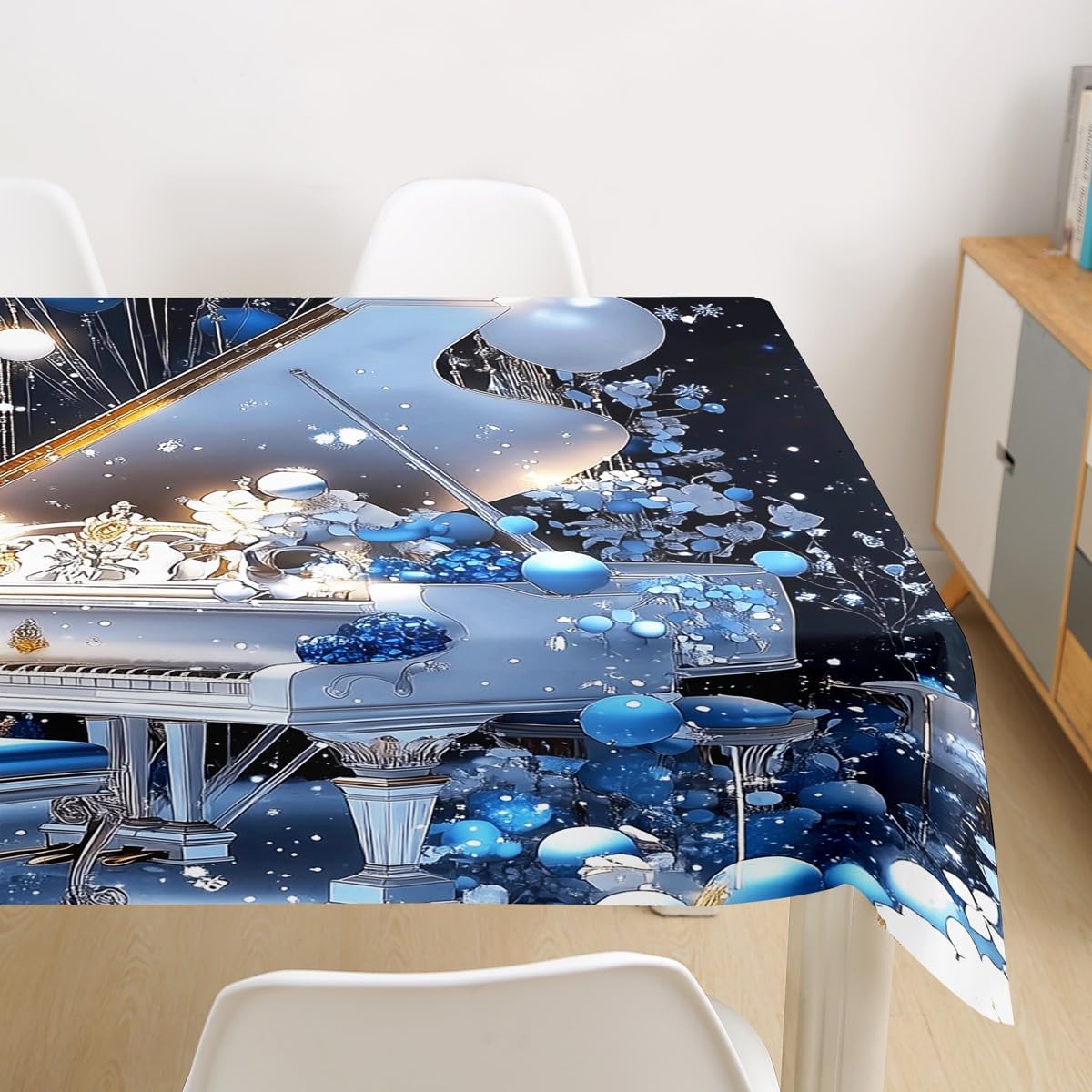 Homewish Piano Music Tablecloths,Blue White Garden Floral Table Cloth for Kids Girls Teens Boys Dining Room Decor,Dreamy Magical Table Accessories Bright Romantic Table Cover,55"x55" image 2