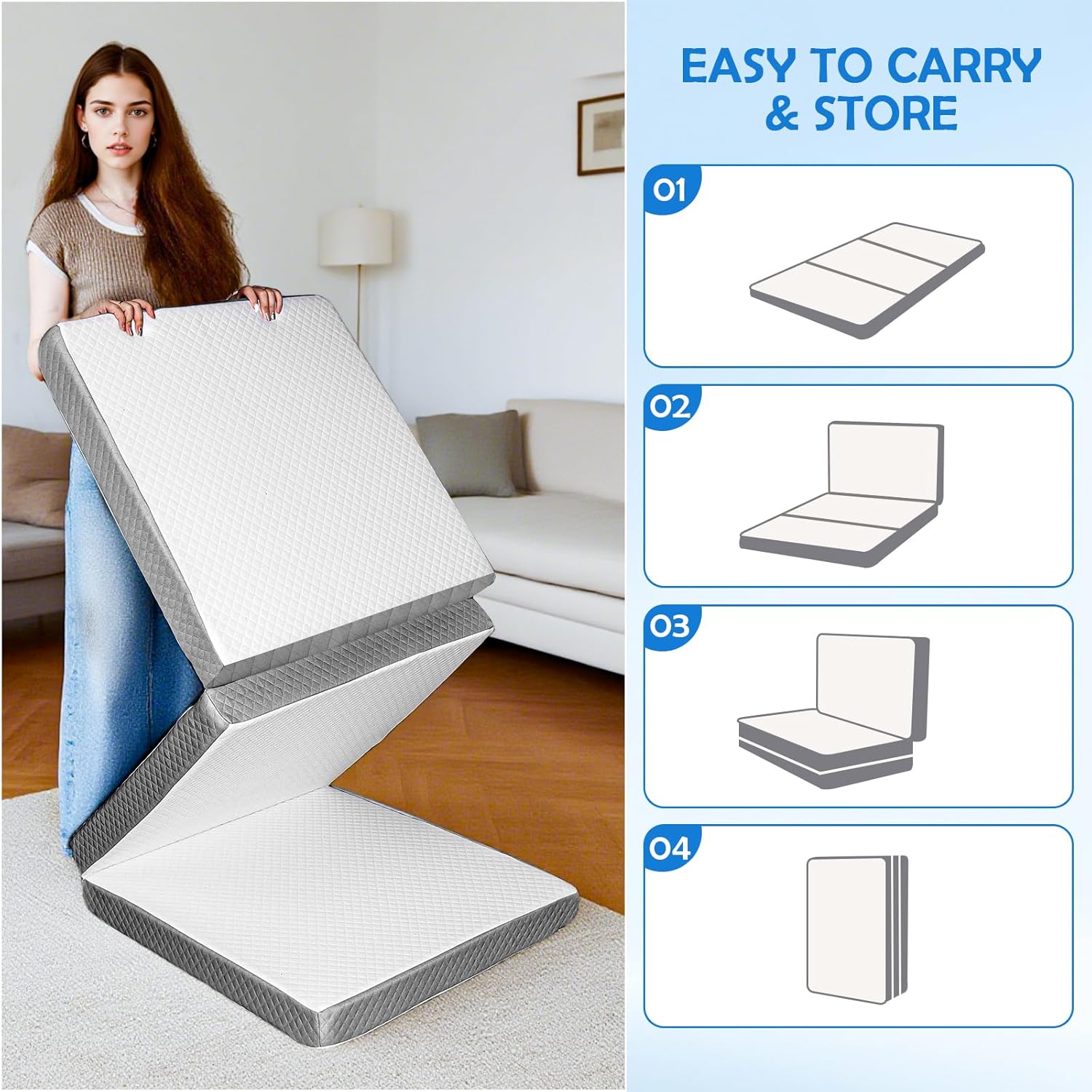 Triple Fold Sponge Mattress, 3 Inch Portable Floor Bed, Collapsible and Washable Cover, Ideal for Travel, Camping & Yoga