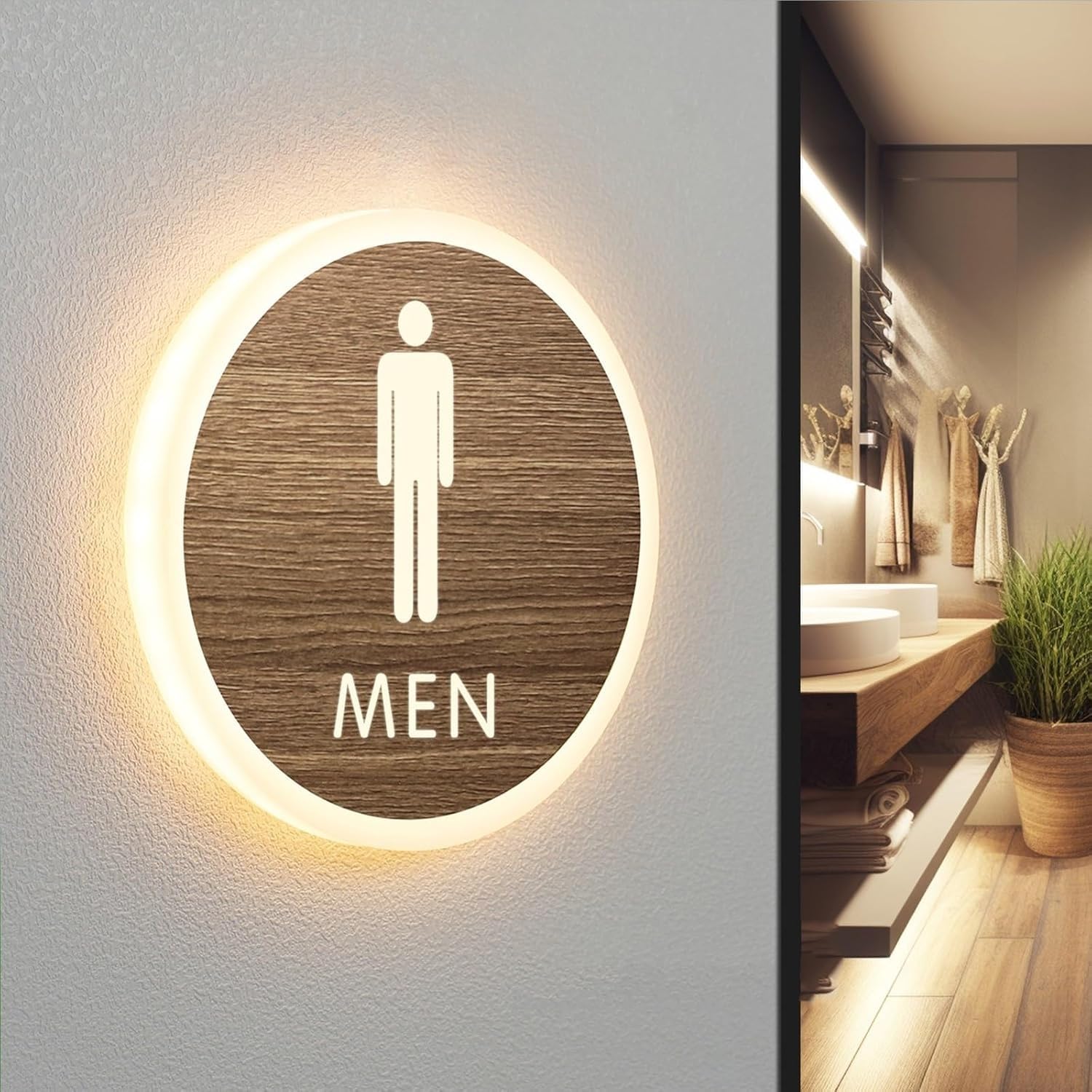 LEDライトラウンドメンズレディースバスルーム照明サイン、壁掛けトイレサイン、アクリル洗面所壁装飾、バスルーム、オフィス、ビジネス用