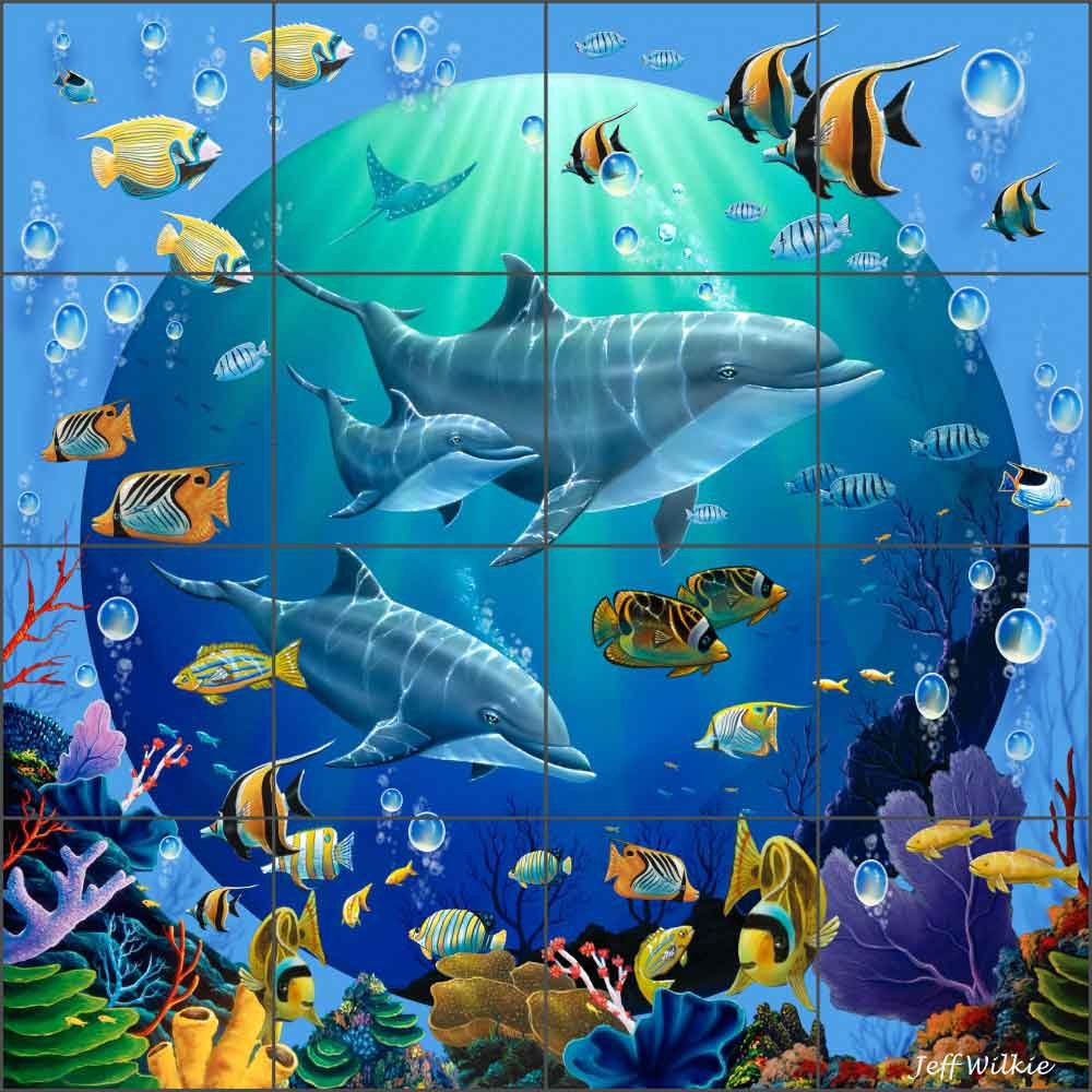 Undersea Art Tile Mural Backsplash Dolphin Explorers II by Jeff Wilkie Ceramic Kitchen Shower Bathroom (32