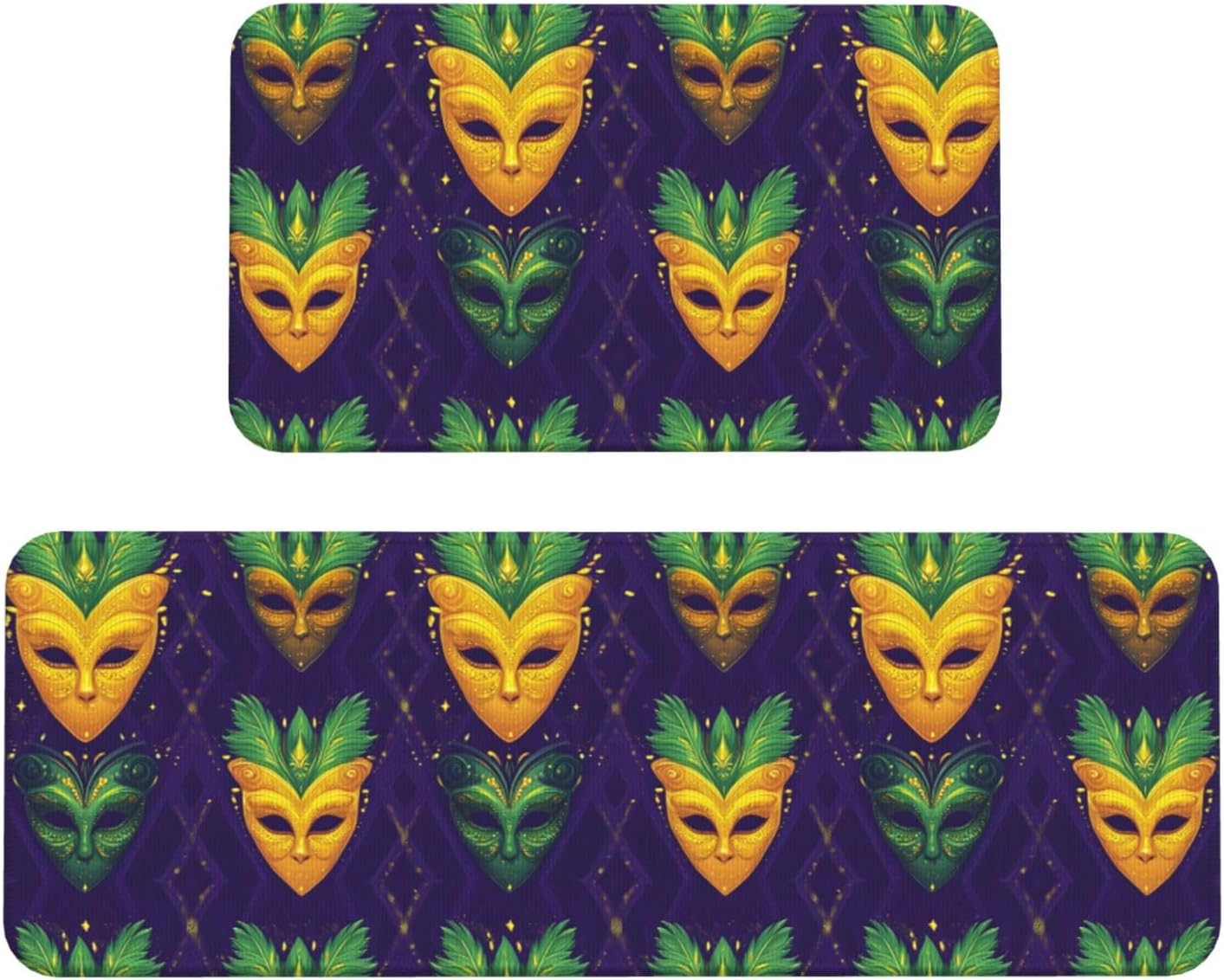 Golden Green Masquerade Print Kitchen Rugs Sets of 2 Non Slip Washable, Anti Fatigue Kitchen Mats for Floor, Home Decor