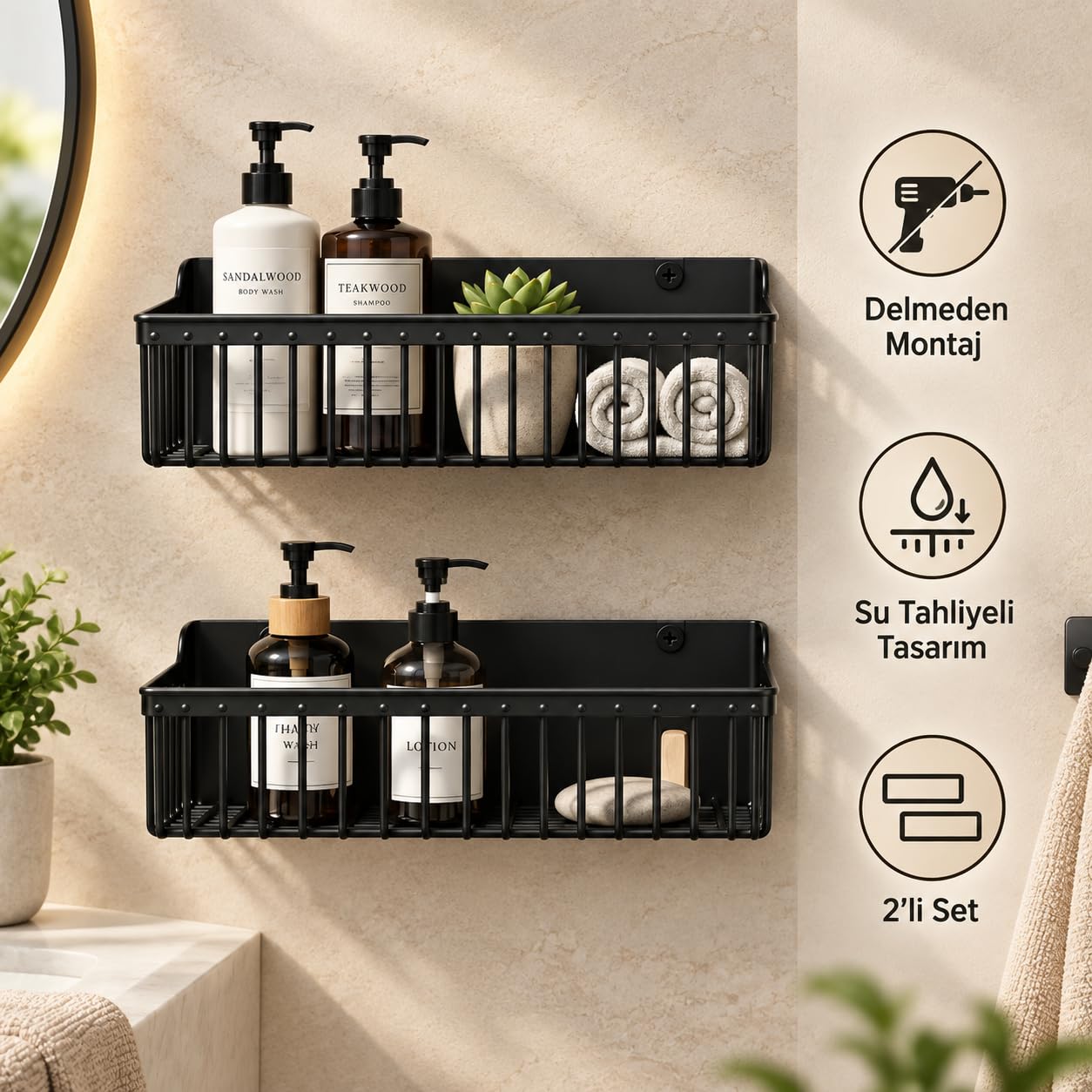 Deinhaus 2’li Yapışkanlı Banyo ve Mutfak Rafı, Siyah Plastik…