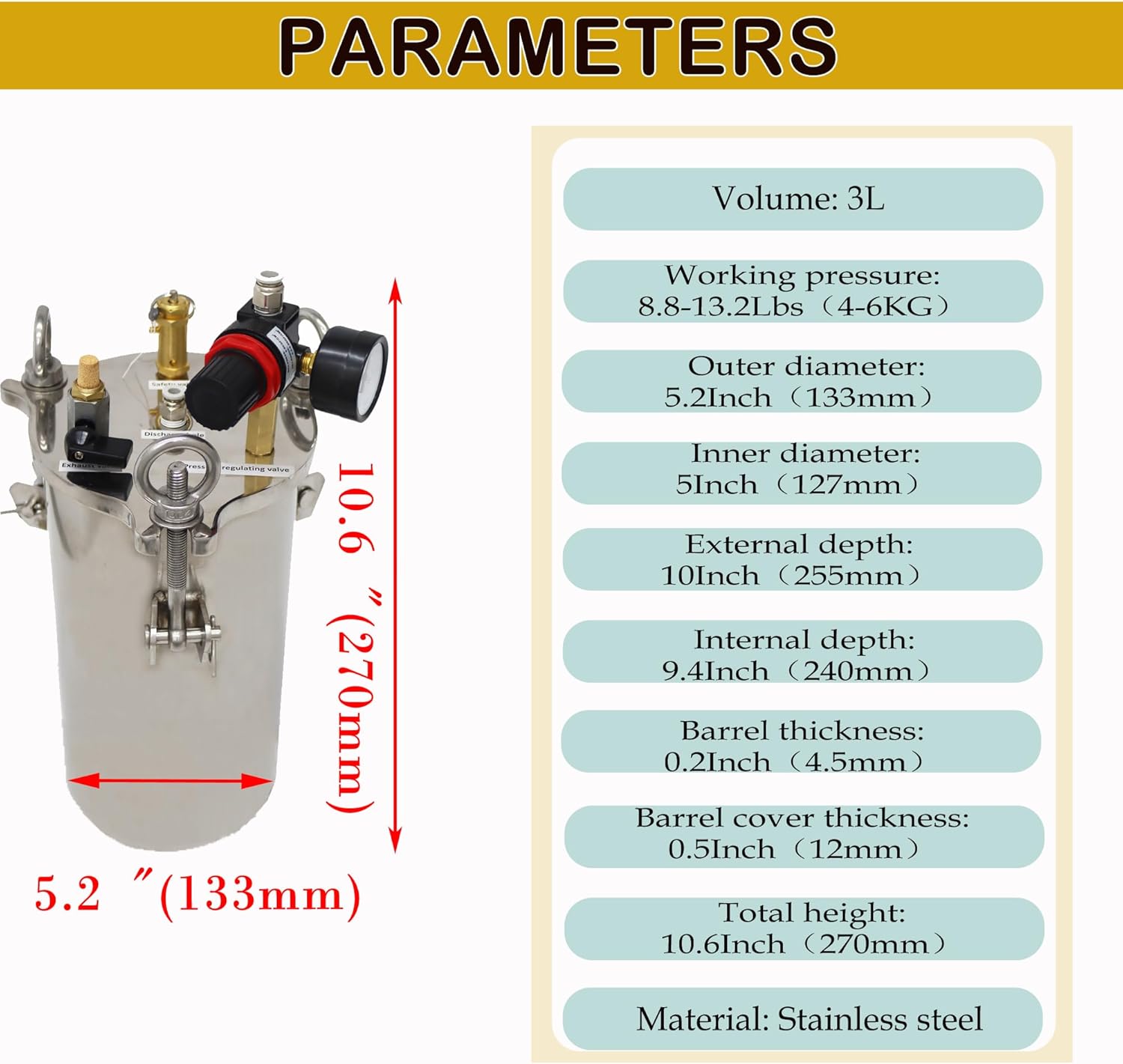 Glue Dispenser Pressure Tank Stainless Steel Dispensing Storage Bucket Fluid Dispensing Storage Barrel with Dispensing Valve 3L