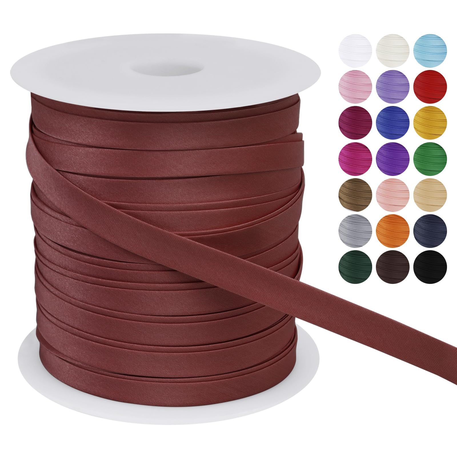 LEREATI Satin Bias Binding Tape for Sewing 2/5 Inch x 50m Sewing Bias Tape Double Fold, Upholstery Webbing Tape for Sewing, Bunting, Seaming, Quilting, Hemming (Red Brown)