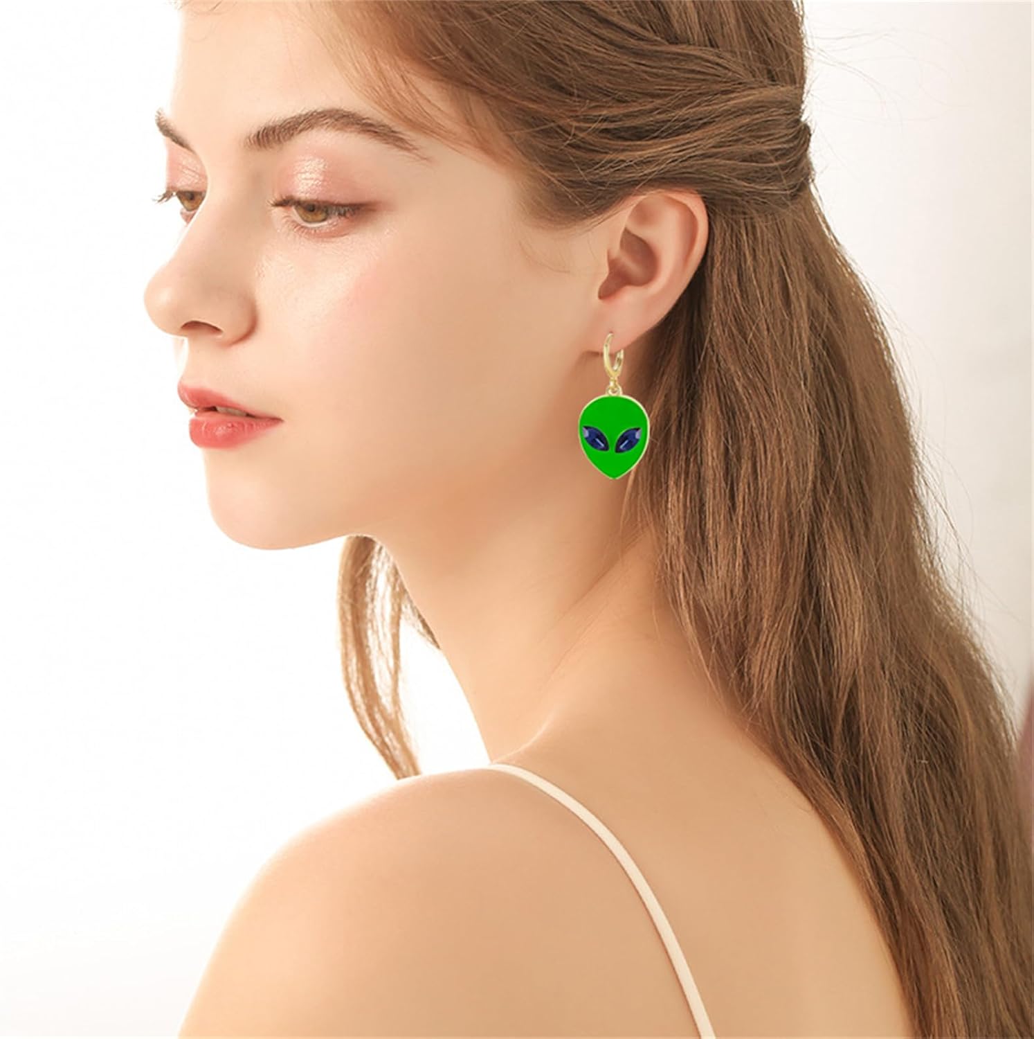 Dreuyet Alien Hoop Earrings for Women Crystal Cute Green Alien Head Dangle Earrings Funny Novelty UFO Space Statement Jewelry - Image 6