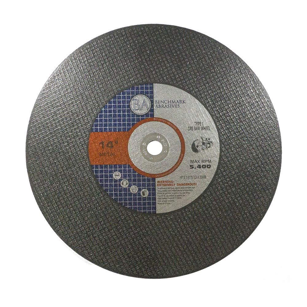 Benchmark Abrasives Aluminum Oxide Type 1, 14 Inch Gas Saw Cut Off Wheels with 1/8" x 5/32" Arbor, Fast Metal Cutting Circular Saw Blades for Metal Steel Fiberglass Cutting Wheel (10 Pack) - (20mm)