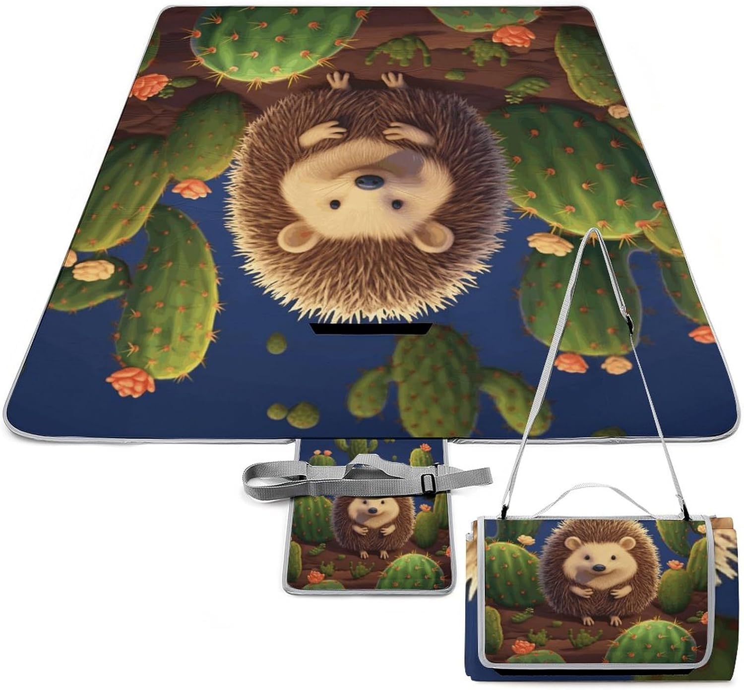 Outdoor Picnic Blanket,Hedgehog Cactus Print Picnic Blankets,Large Beach Blanket Sand Free Foldable Portable Camping Blanket, 58.3x58.3