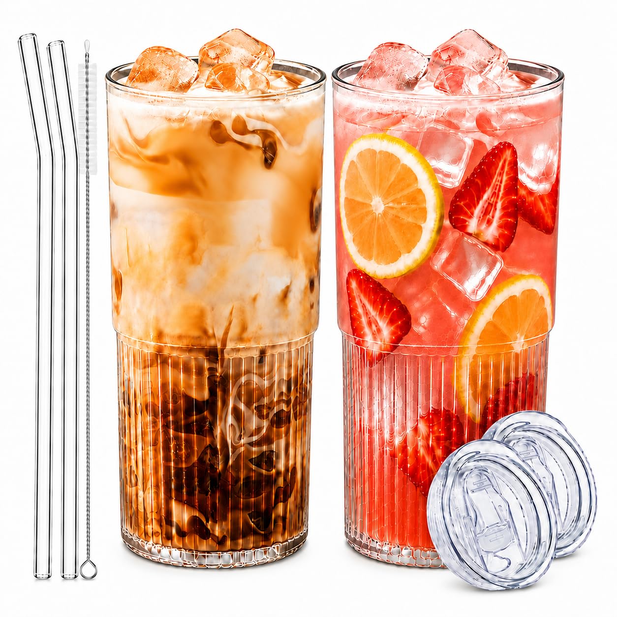 Luiaiog Glass Cups with Lids and Straws Set of 2, 18.6 oz Ribbed Drinking Glasses, Leakproof Glass Tumbler for Iced Coffee, Smoothie, Boba, Reusable Cups with Straw Brush, Dishwasher Safe