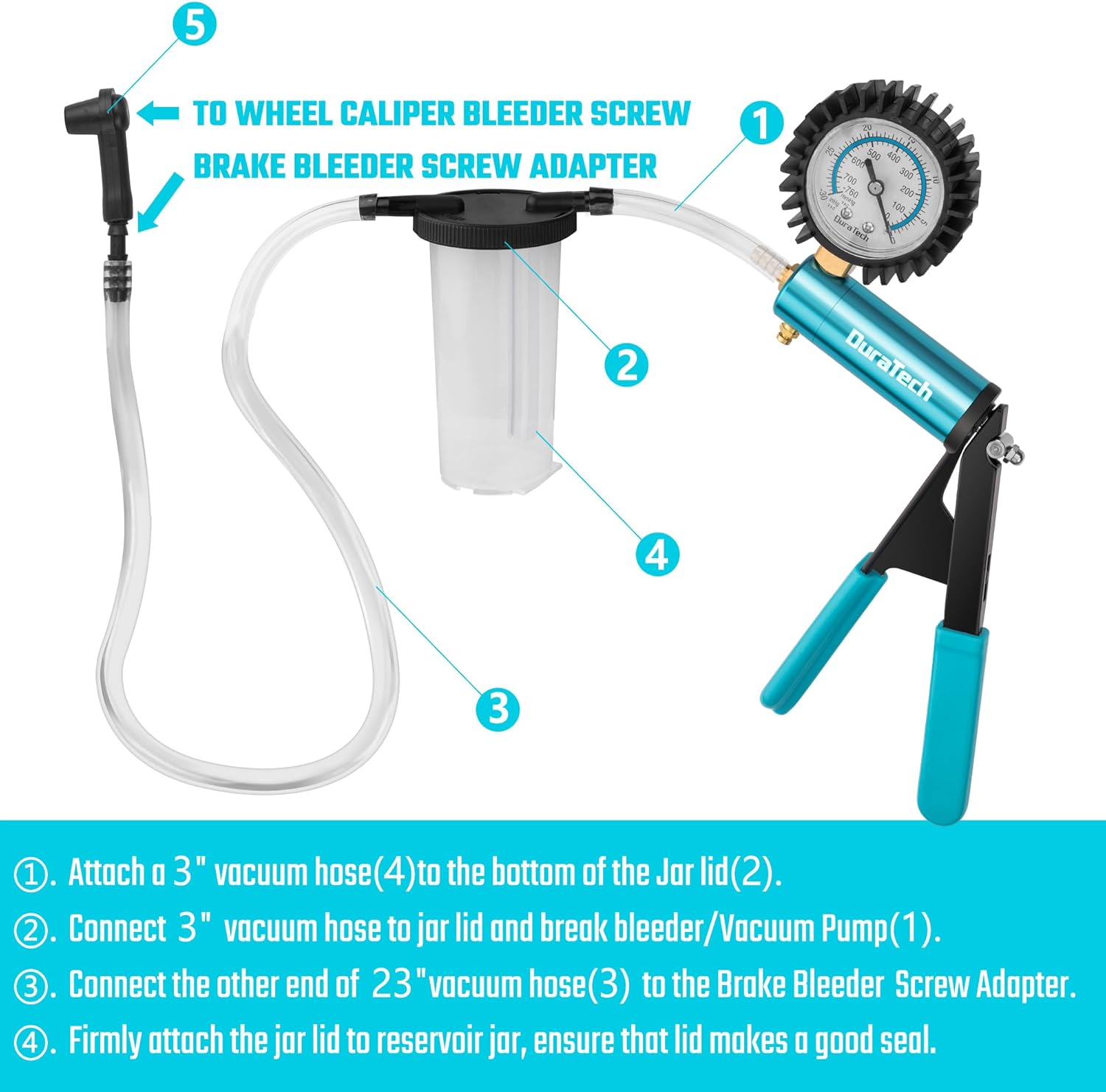DURATECH 2 in 1 Brake Bleeder Kit, Brake Fluid Bleeder Kit with Metal Handheld Vacuum Pump, Ideal for Automotive, Organized in Portable Case