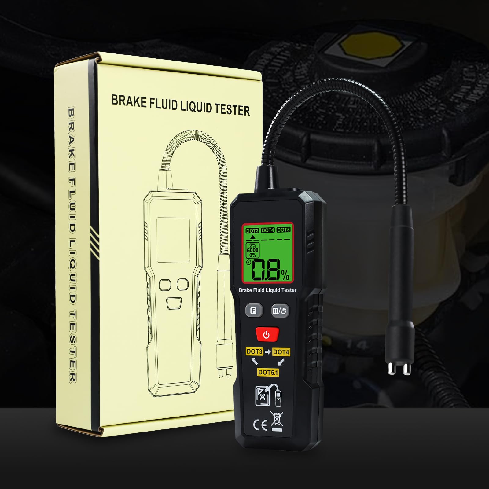 Testeur d'Humidité du Liquide de Frein DOT3/DOT4/DOT5.1 Détecteur d'Huile de Frein 0-4% avec Lampe de Poche LED, Indicateur de Couleur et Alarme Sonore Outil de Diagnostic pour Voitures et Motos