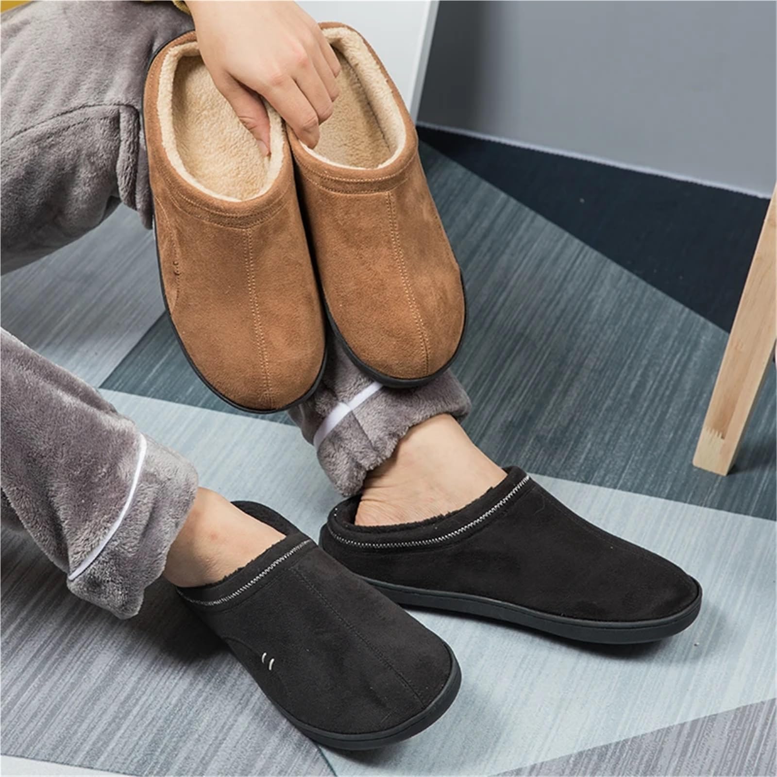 Pantofole da uomo Pantofole Da Casa Grandi Dimensioni 49 For Uomo Inverno Scamosciato Corto Peluche Uomo Pantofole Antiscivolo Camera Da Letto Coppia Morbide Scarpe Da Interno Uomo(Grey MS597,4748)