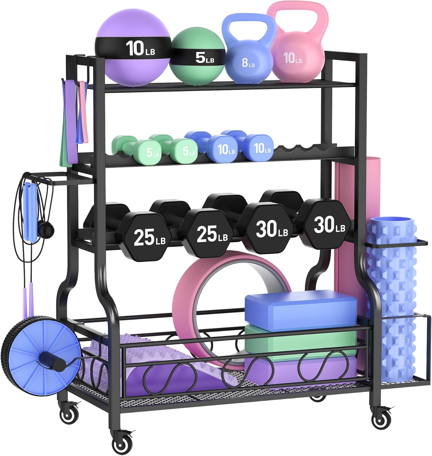 PARTPHONER Adjustable Dumbbell Rack, Weight Rack for Home Gym Storage, Home Gym Storage for Stores Dumbbells, Kettlebells and Yoga Mats, All in One Workout Storage Racks with Wheels and Hooks, Durable Powder Coated Steel