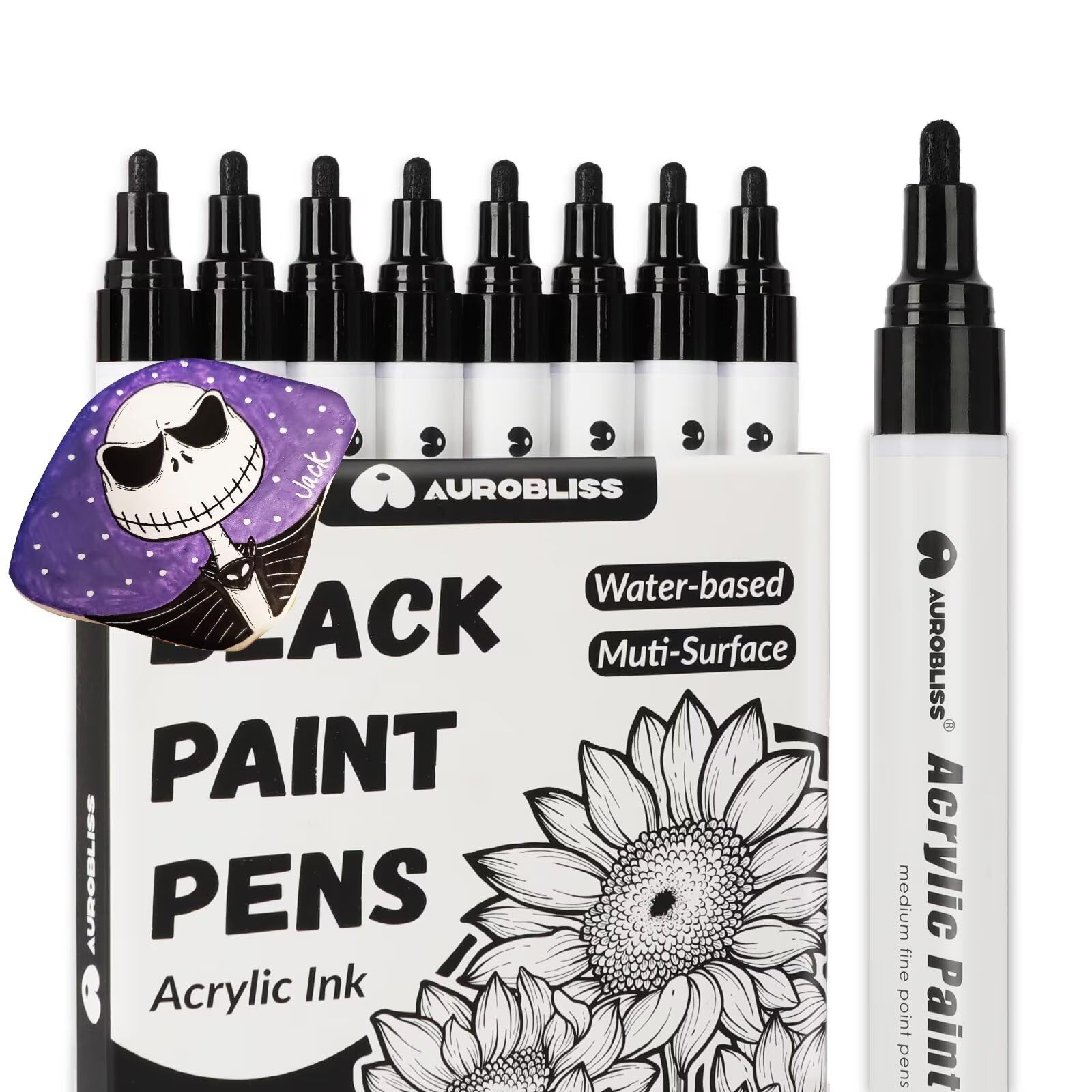 Aurobliss Rotulador Acrílico Negro 2-3mm, 8 Rotulador Permanente Negro para Metal, Piel, Plastico, Tela, Ropa, Vidrio, madera Rotulador Negro Punta Gruesa