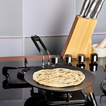 FLIXBLOOM Perfect Flat Hard Anodized Tawa Tava Wider Base (Stainless Steel Handle) Roti Tava, Induction Base Tawa for Roti Paratha Chapati Phulka Omelette Color Black