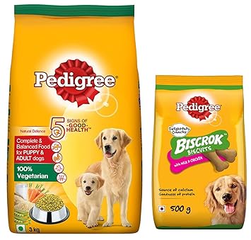 Pedigree Complete & Balanced Food for Puppy & Adult Dogs, 100% Vegetarian, 3 Kg & Pedigree Biscrok Biscuits Dog Treat (Above 4 Months), Milk and Chicken Flavor, 500g Pack