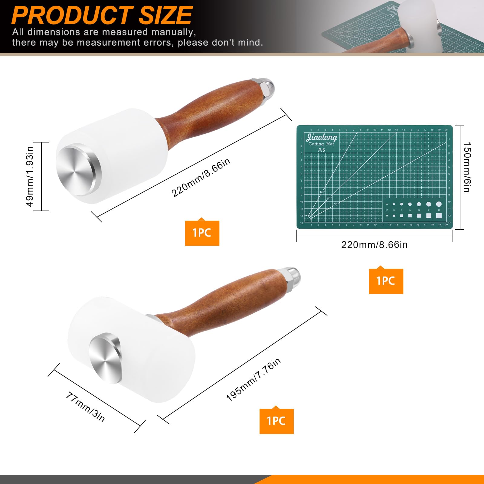 Rustark 3Pcs Nylon Leather Carving Hammer Set Includes T Head Nylon Hammer, Vertical Craft Hammer and A5 Cutting Mat - Image 2
