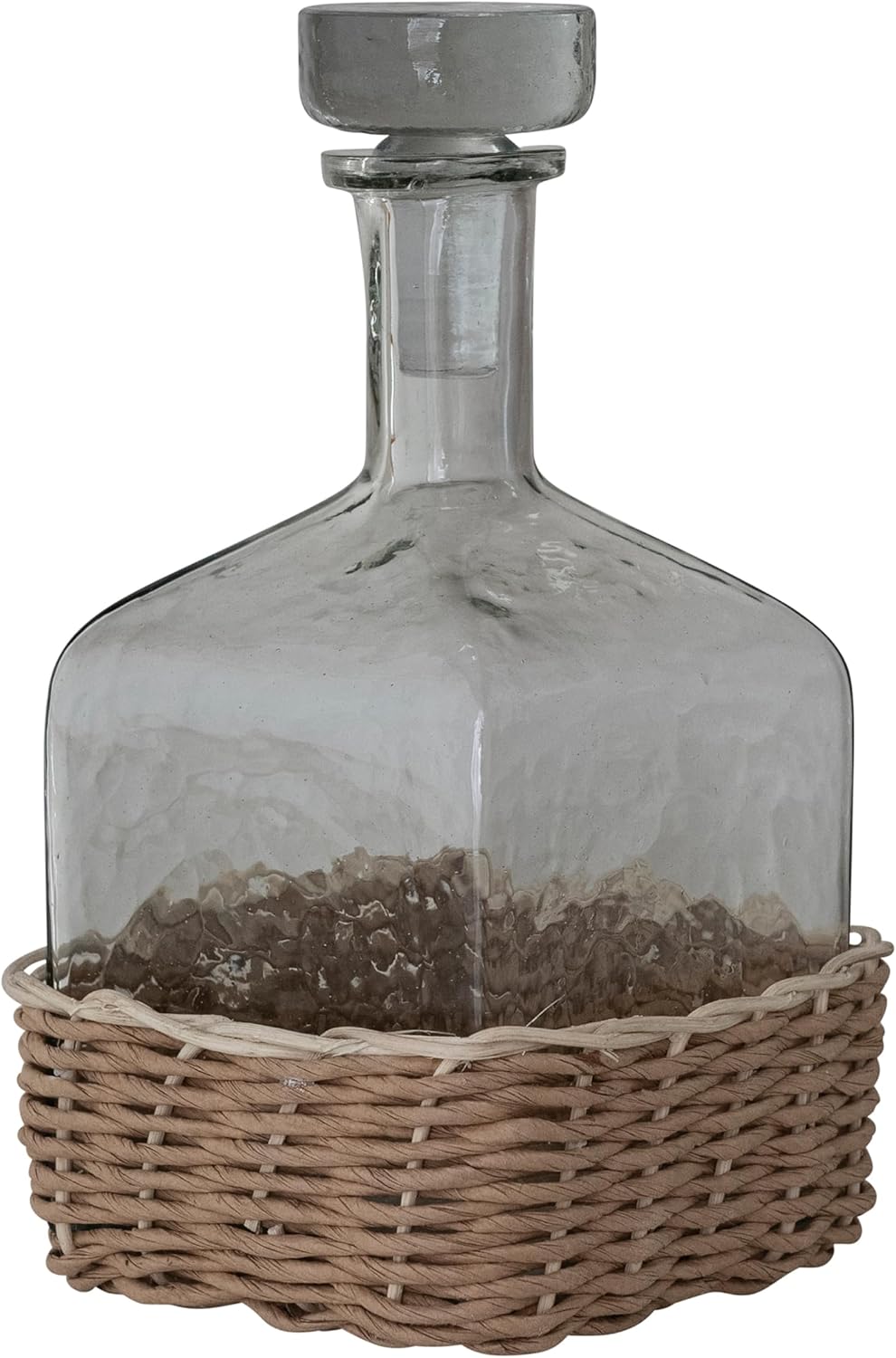 Creative Co-Op 1.25-Quart Glass Bottle with Glass Stopper and Hand-Woven Rattan Base, Clear and Natural