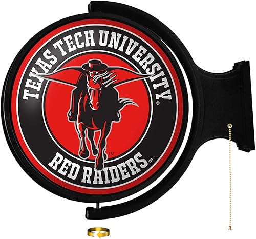 The Fan Brands NCAA Texas Tech Red Raiders Masked Rider - Letrero de pared iluminado redondo original giratorio - Decoración de pared de fútbol,