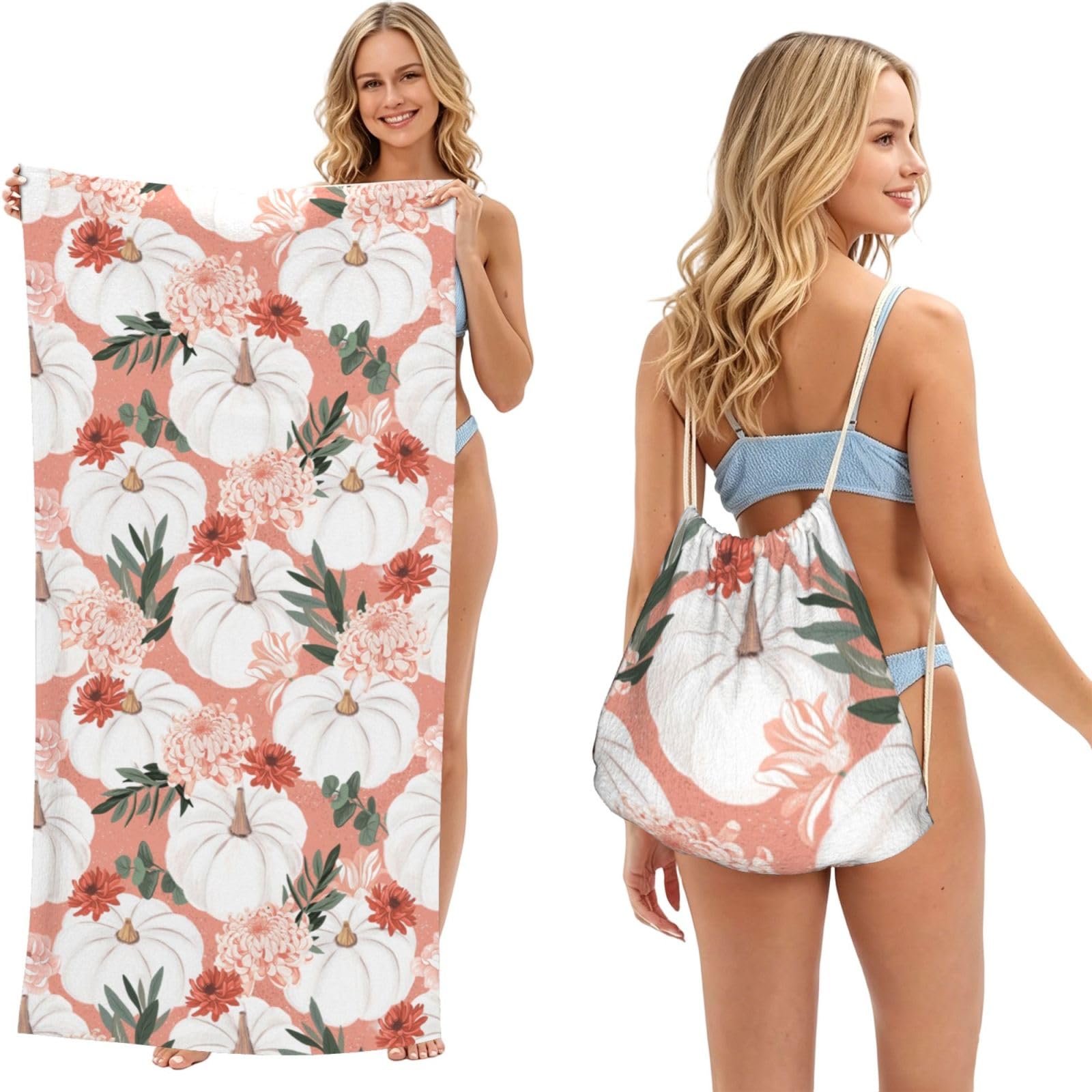 Poadnly As Picture Pumpkin Thanksgiving Pink Dahlia Flower Autumn, 2 In 1 Packable Towel Bag, Beach Towels With Drawstring Backpack For Travel Holiday Camping