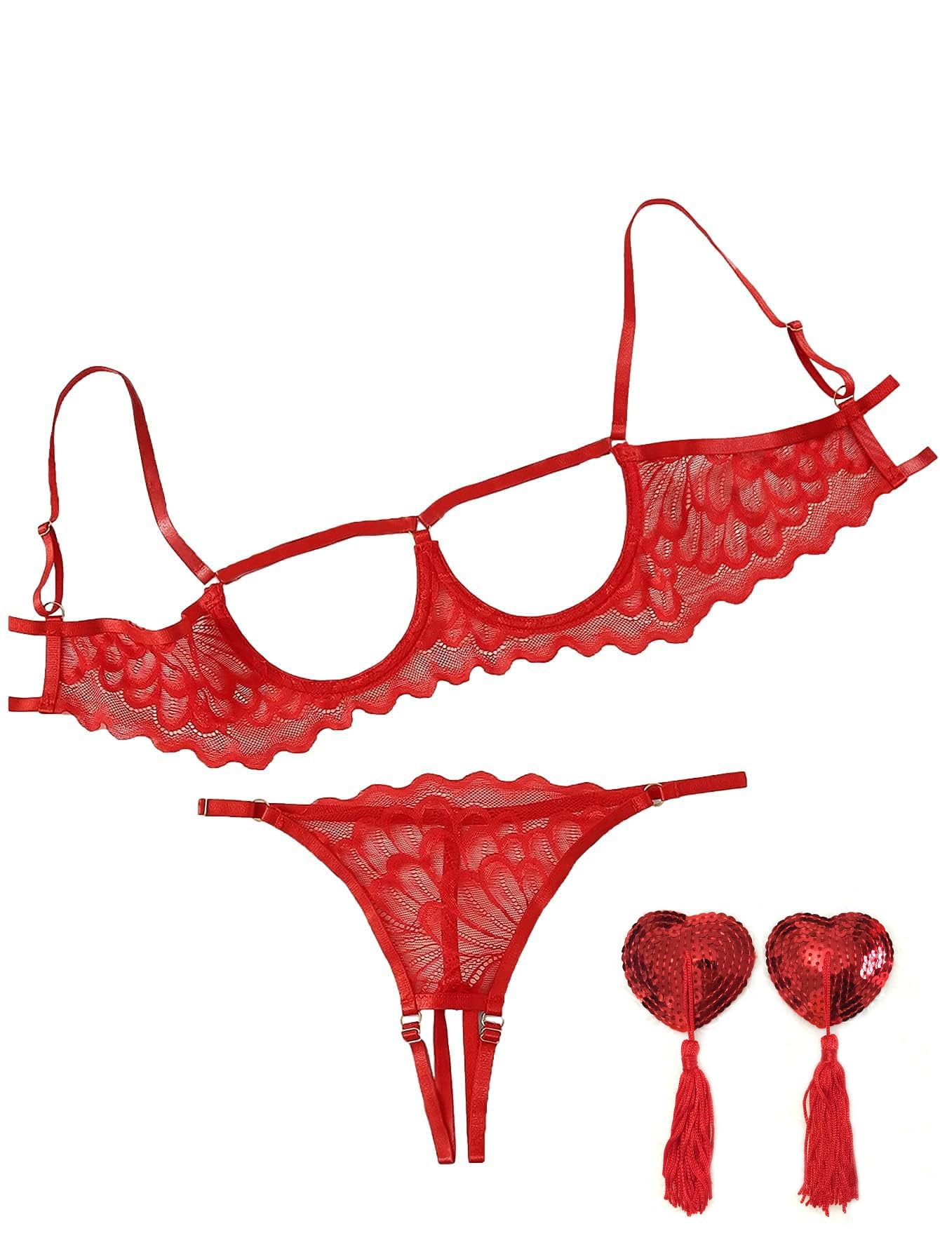 Lilosy Women's Sexy Underwire Floral Lace Sheer Lingerie Set See Through Bra and Panty 4 Pieces Pasties Red Medium
