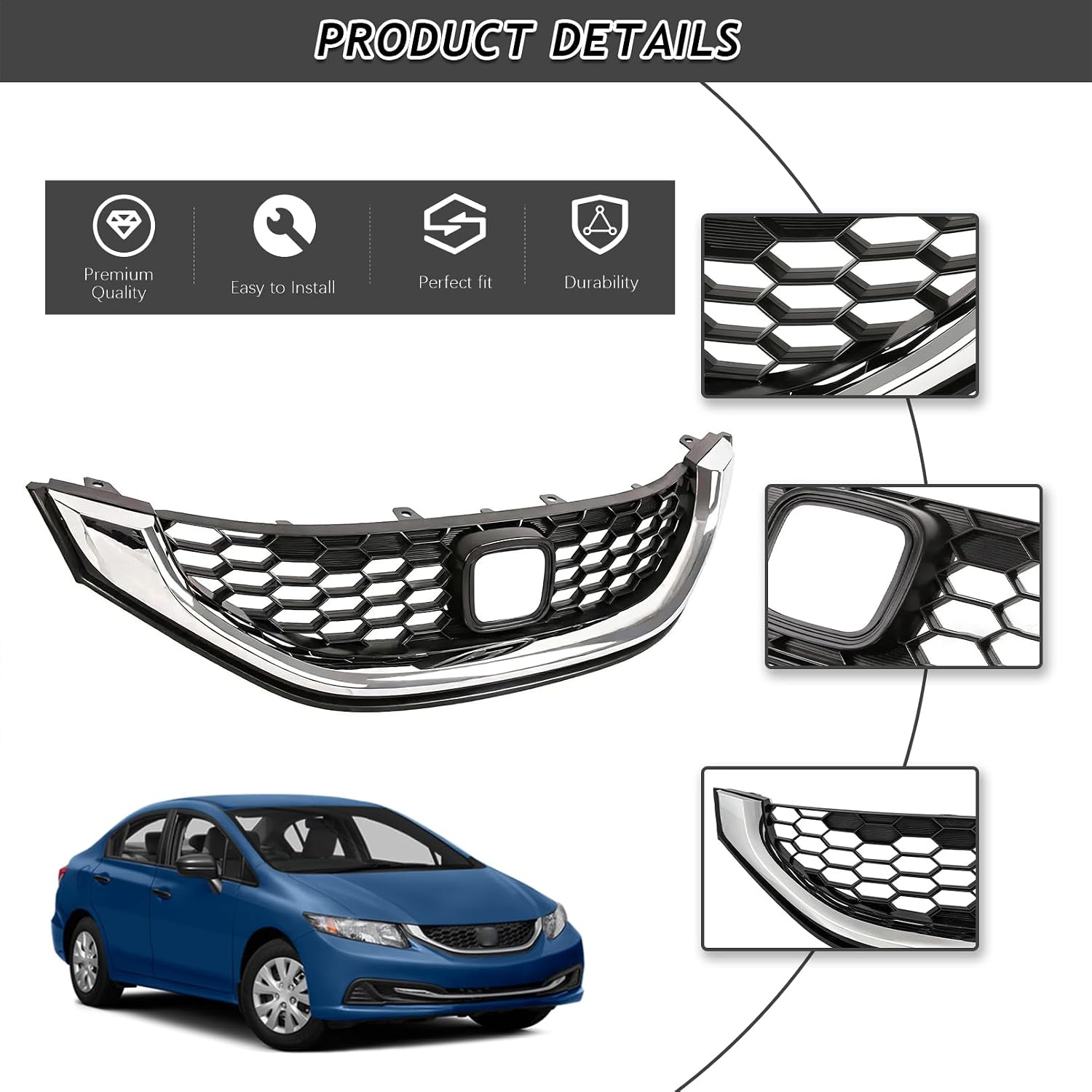 Bewild Front Bumper Upper Grille Grill W/Chrome Trim Fit For 2013 2014 2015 Honda Civic Sedan Front Honeycomb Style Mesh Grille Assembly Replacement
