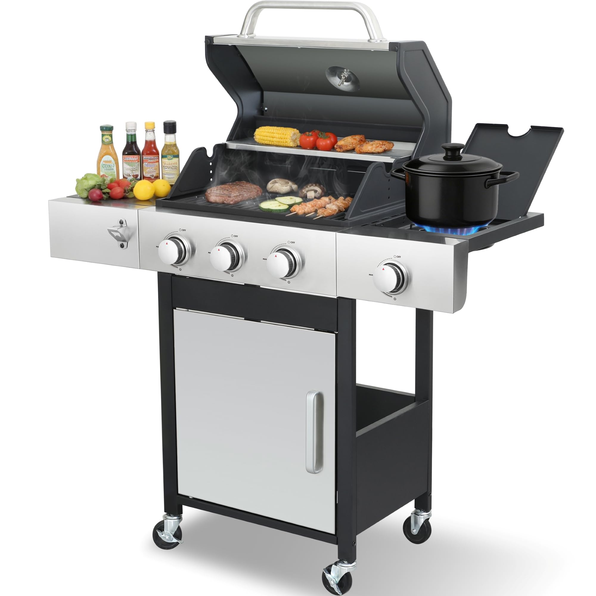 3-Burner Propane Gas Grill with Side Burner, 39,000 BTU