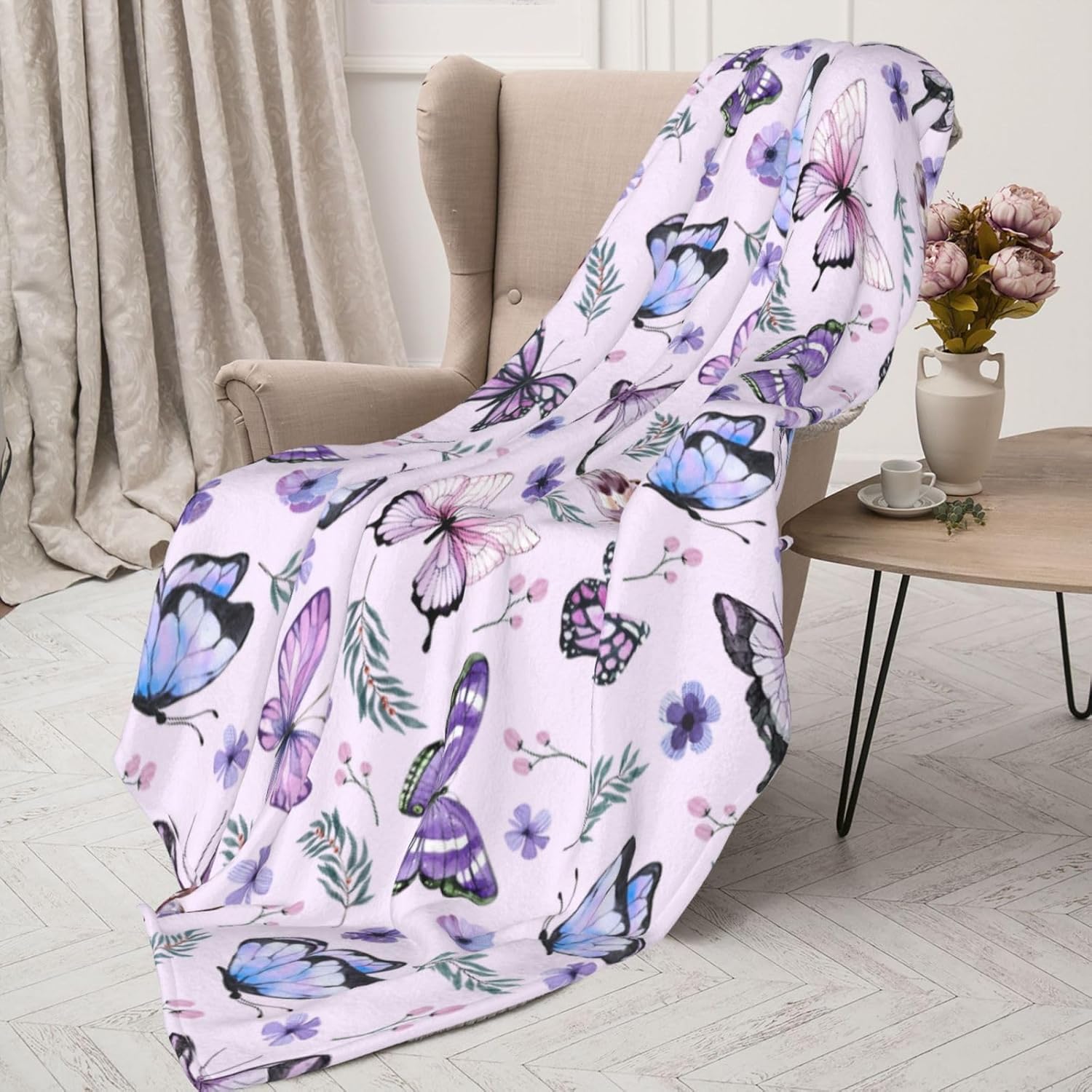 Butterflies Blanket Throw - Soft Warm Flannel Blanket for Women & Men, Lightweight Cozy Floral Blankets for Travel, Airplane, Bed, Couch, Car, Gifts Idea 50"x40" - Image 7