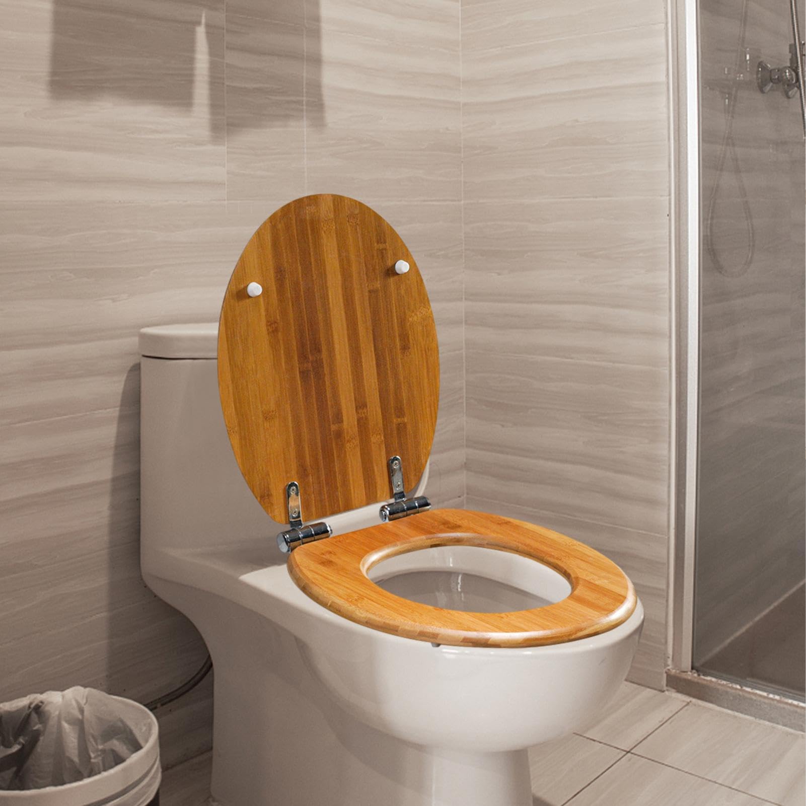 Asiento de inodoro ovalado de madera, moldeado con bisagras de acero | inoxidable, tapa de cierre, función lenta, asiento de baño cómodo y duradero para inodoros modernos, accesorios de higiene