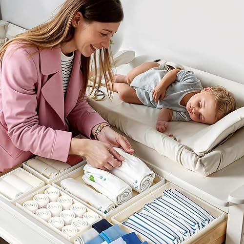 Miniatura 5 de Juego de 12 organizadores de cajones de lino, contenedores plegables de tela para ropa de bebé, pañales, calcetines, sujetadores y más (beige, 3