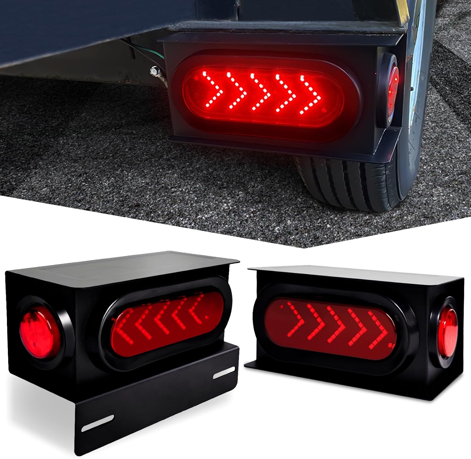 2Pcs Trailer Light Steel Boxes Housing Kit - Advanced Arrow-Style LED Turn Signals, Includes 6" Oval Tail Lights and 2" Round Side Lights - Perfect for Heavy Trucks, Trailers and More