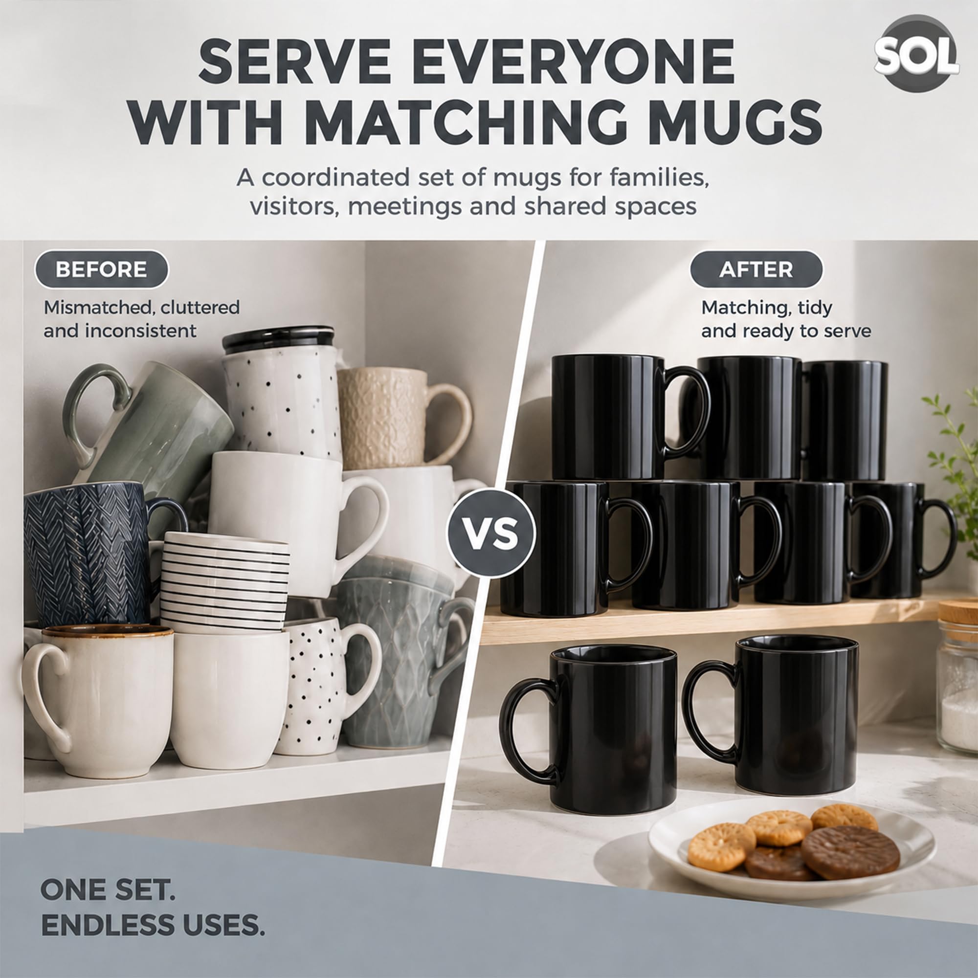 SOL Juego de 12 tazas de cerámica negras de 11 onzas para té y café, juego de vasos duraderos para el hogar, oficina, cafetería, restaurante, diseño apilable, apto para microondas y lavavajillas, apto