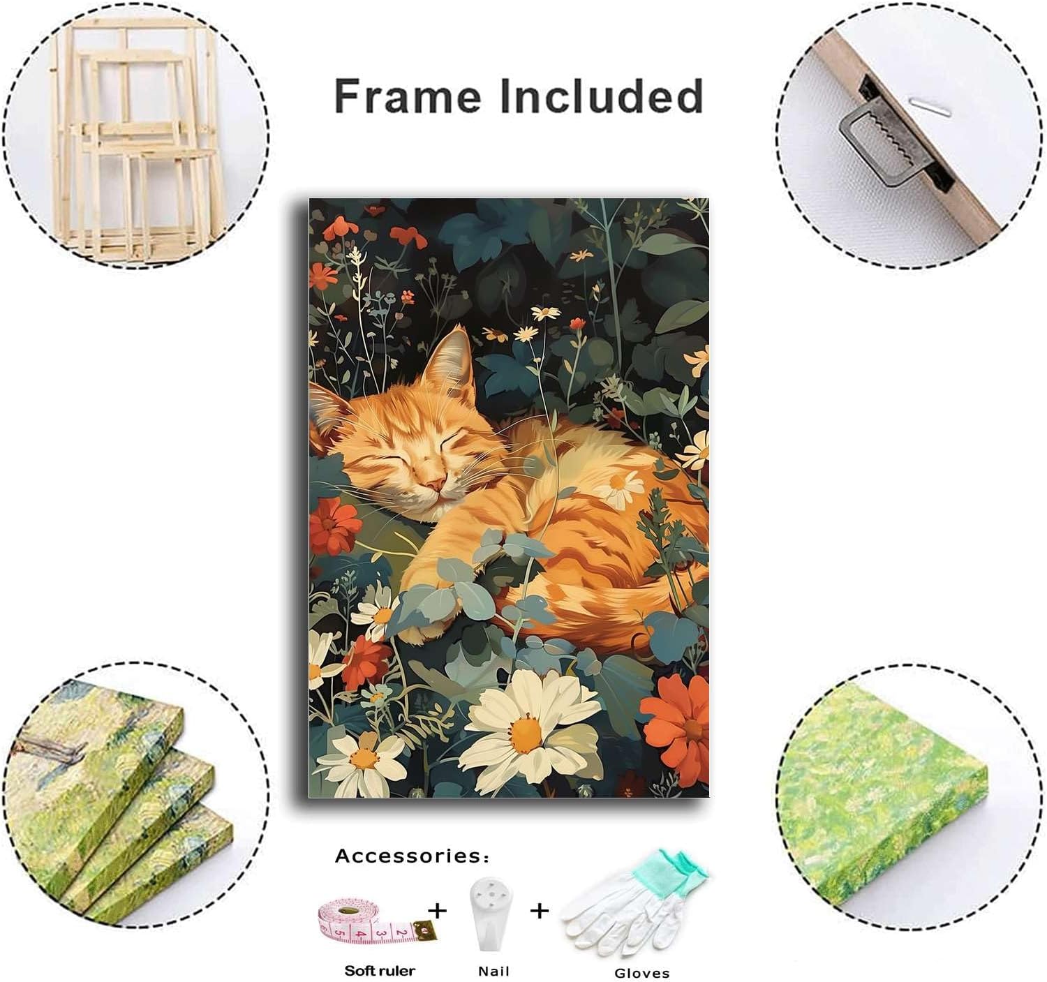 YX Tide Printed Canvas Painting Wall Art Orange Cat Sleeping Art Print Painting Living Room and Bedroom Home Decoration 8X12inch Wood Frame, Picture 6