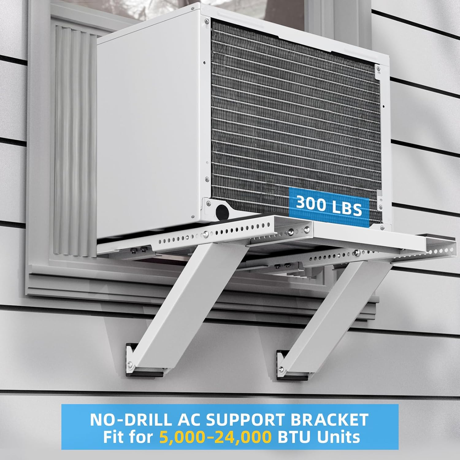 Window AC Support Bracket, No-Drill No-Tool Air Conditioner Support Bracket Adjustable Wall Mount, Heavy Duty Steel Holds Up to 300lbs, Fits Single Or Double Hung Windows, White