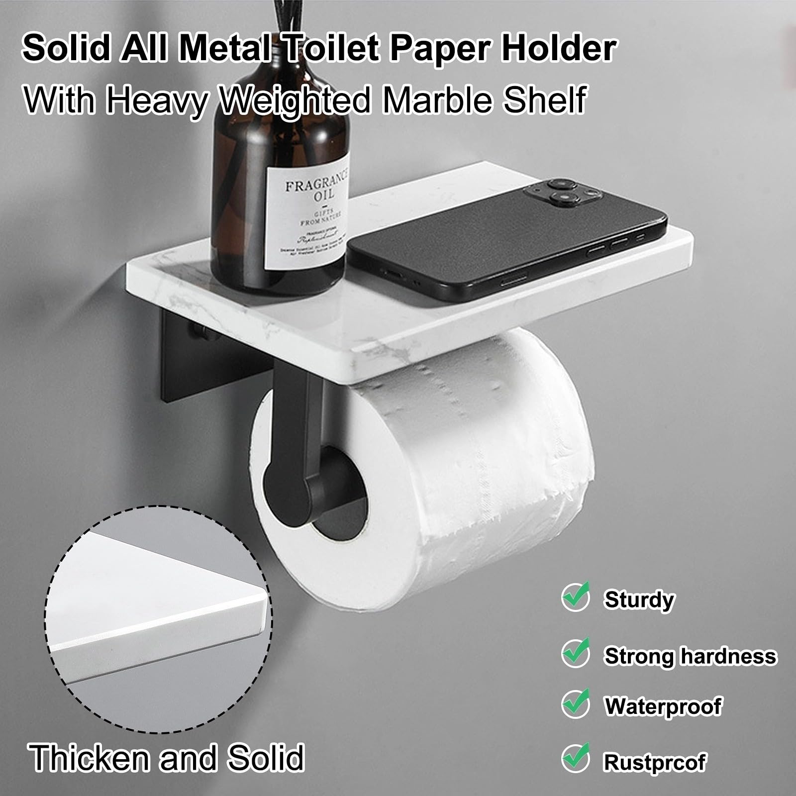 Zjyufy Toilet Roll Holder Wall-Mounted, Toilet Roll HolderStainless Steel Toilet Paper Holder with Marble Shelf, Bathroom Accessory - Image 2
