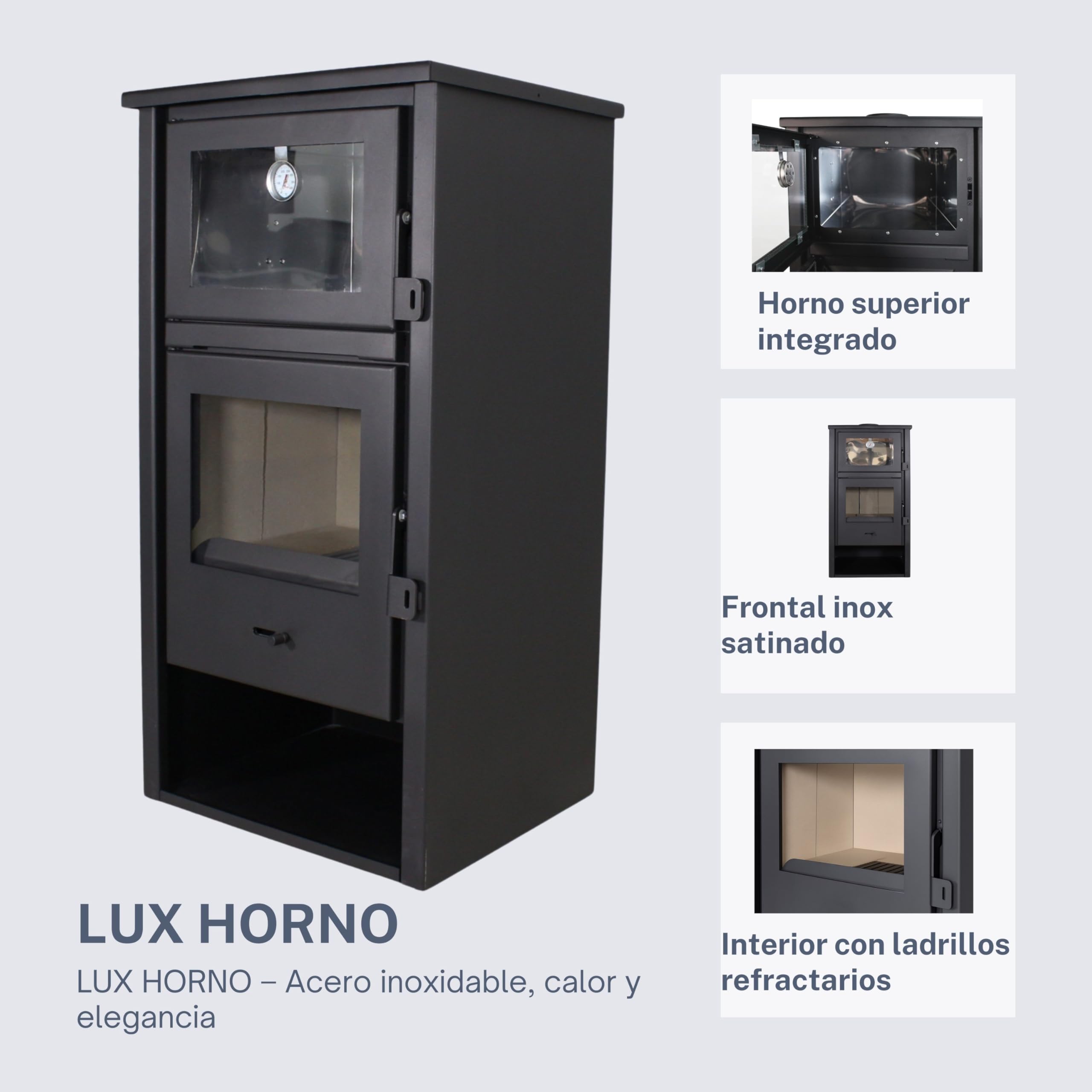 EIDER BIOMASA Estufa de Leña LUX HORNO – 12,44 kW – Con Horno – Rendimiento 78% – Hasta 240 m³ – Doble Combustión – Certificada CE
