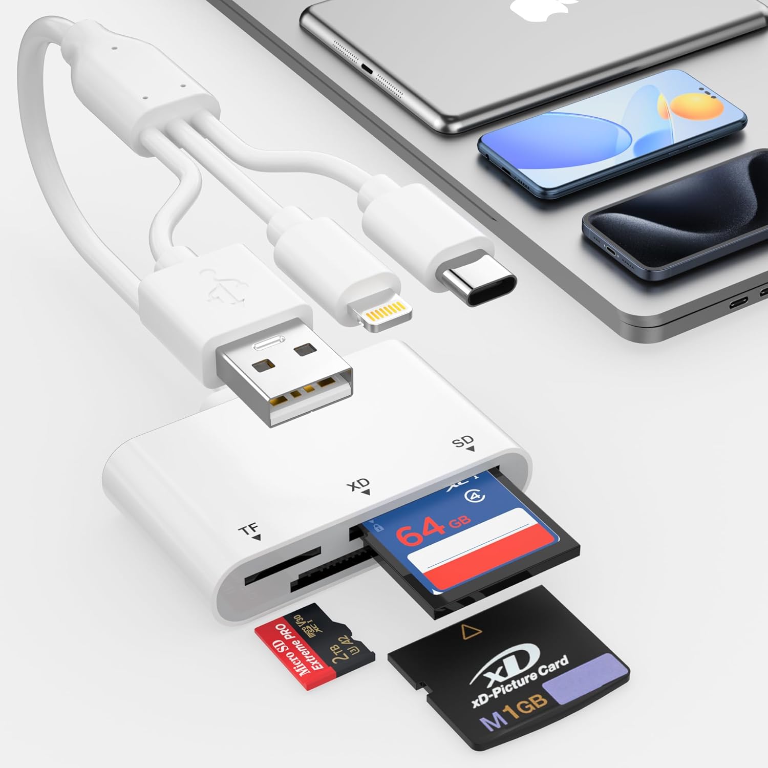 XD Card Reader, SD Card Reader for iPhone with USB-C&Lightning, 3 in 1 SD/MicroSD/xD-Picture Card Adapter, Lightning+USB A+USB C XD Card Adapter for iPhone 16/15/14/13/iPad/PC/Android