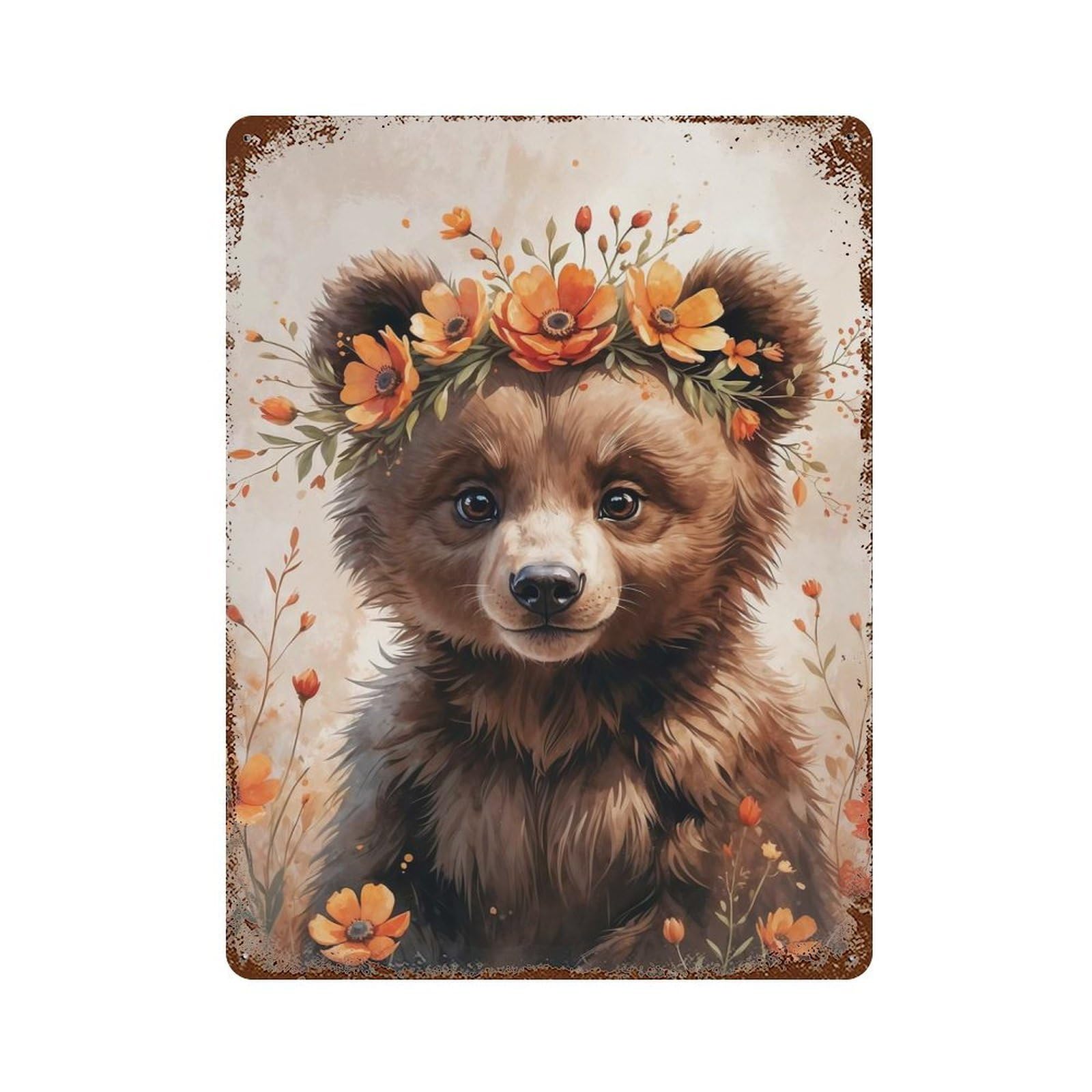 Cute Bear Cub with Flower Crown Watercolor Weathered Tin Sign 15.7"x11.8", Novelty Wall Decor for Garage, Pub Or Kitchen