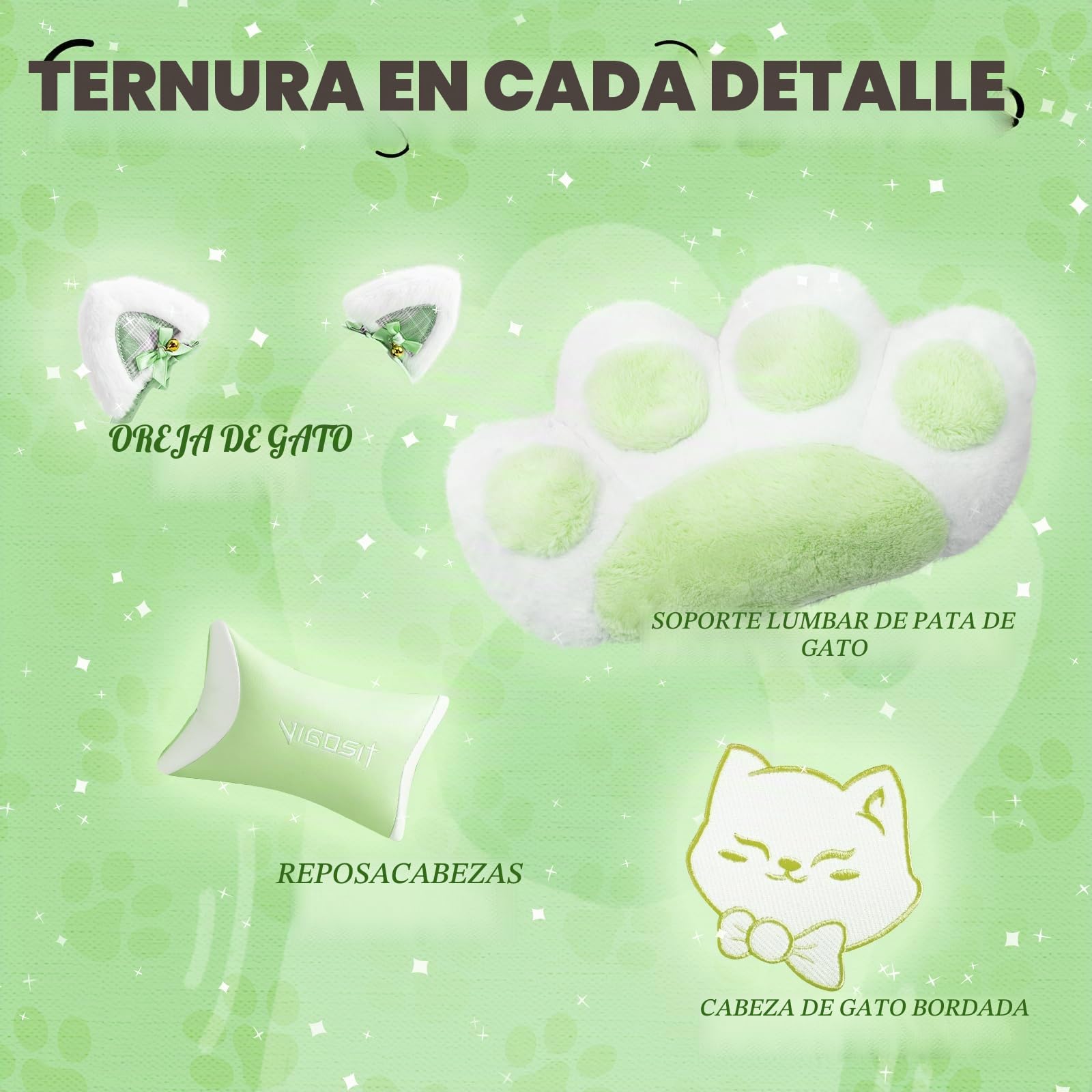 Vigosit Silla de juegos linda con cojín lumbar de pata de gato y orejas de gato, silla de juegos ergonómica con reposapiés, sillón de PC ajustable para niñas, adolescentes, niños, verde