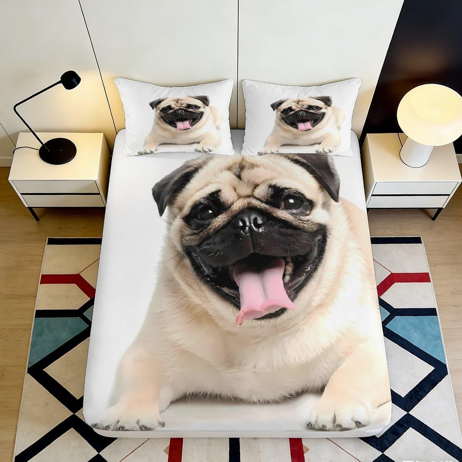 3D Printed Pug Dog Fitted Sheet Microfiber Soft Breathable Funny Puppy Bed Cover for Bedroom Dormitory Guest Room Mattress Protection Decor 90x200x25cm