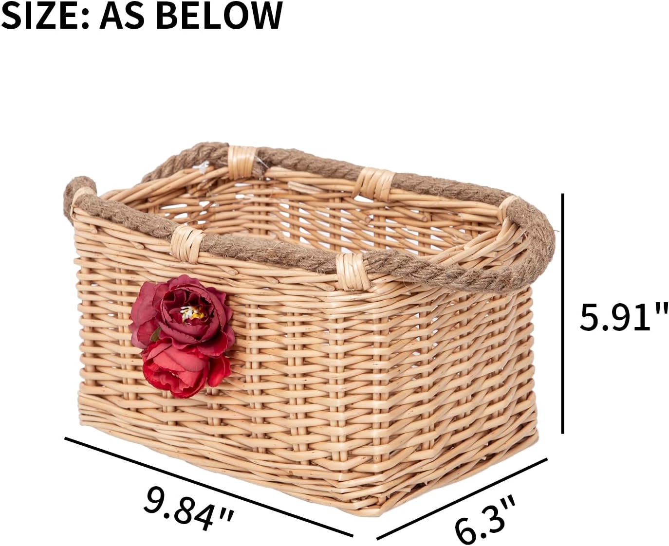 Handmade Woven Wicker Storage Basket with Rose Decoration Natural Wicker Storage Box for Home Organization, Bathroom, Office, or Gift (Original)