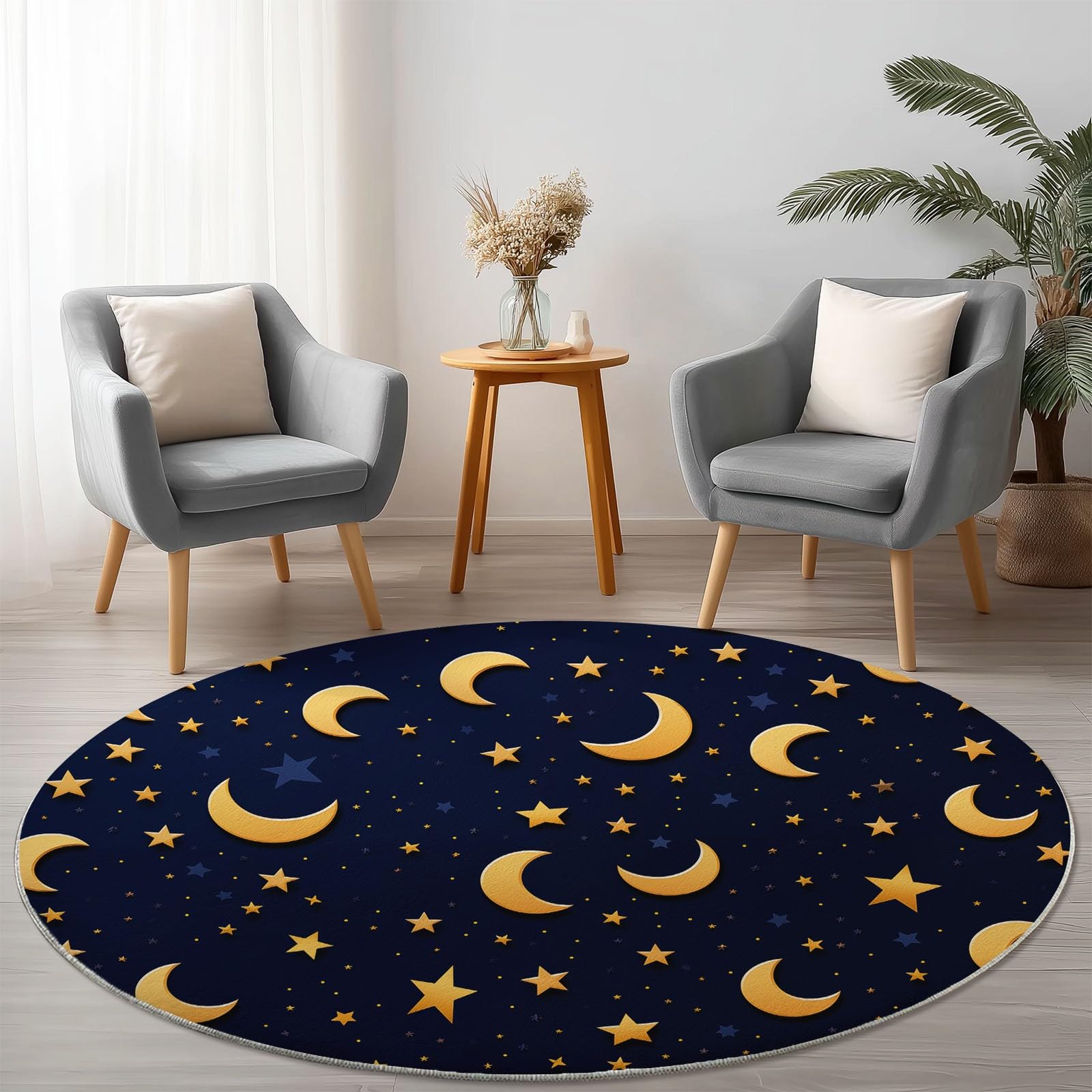 Tapis Rond en Flanelle Doux et Moelleux 120 cm, Mignon Lune Étoiles Motif imprimé, Or Bleu foncé Tapis Rond Antidérapant pour Salon Chambre Salle de Jeux Décoration Moderne